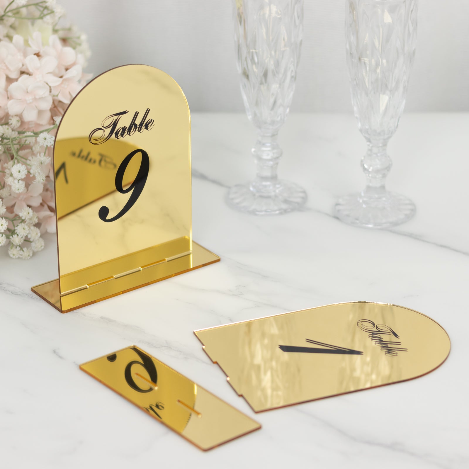 Gold Acrylic Arch Mirror Table Numbers (1 - 10) - 6x7 Wedding Reception Signs with Black Print & Stands