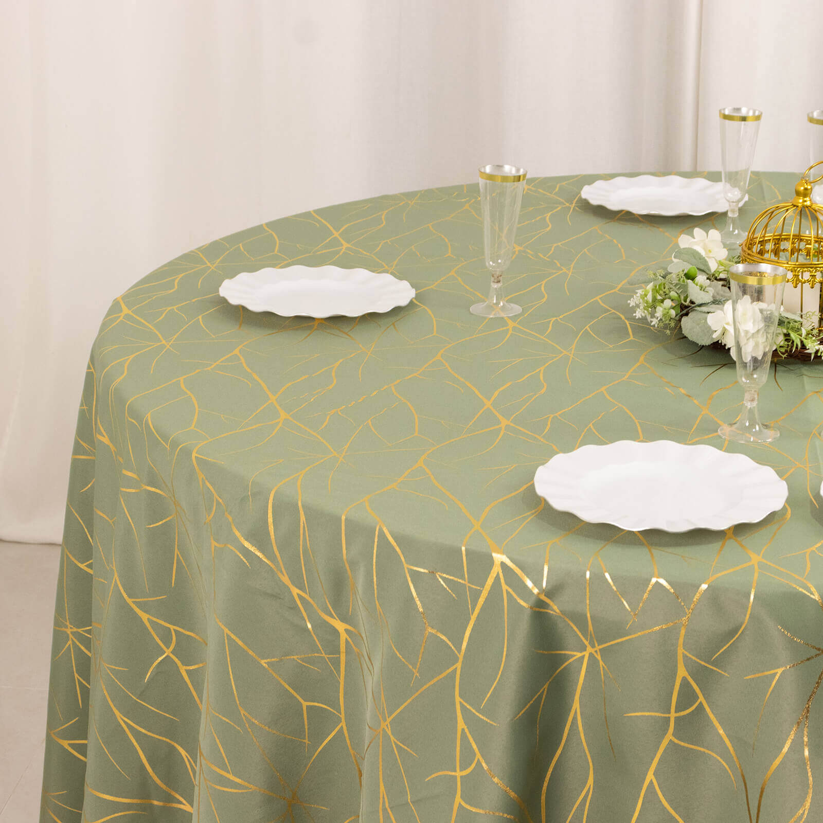 Exclusive! Wrinkle-Resistant 120" Polyester Round Tablecloth in Dusty Sage Green with Gold Foil Tree Branch for Classy Events