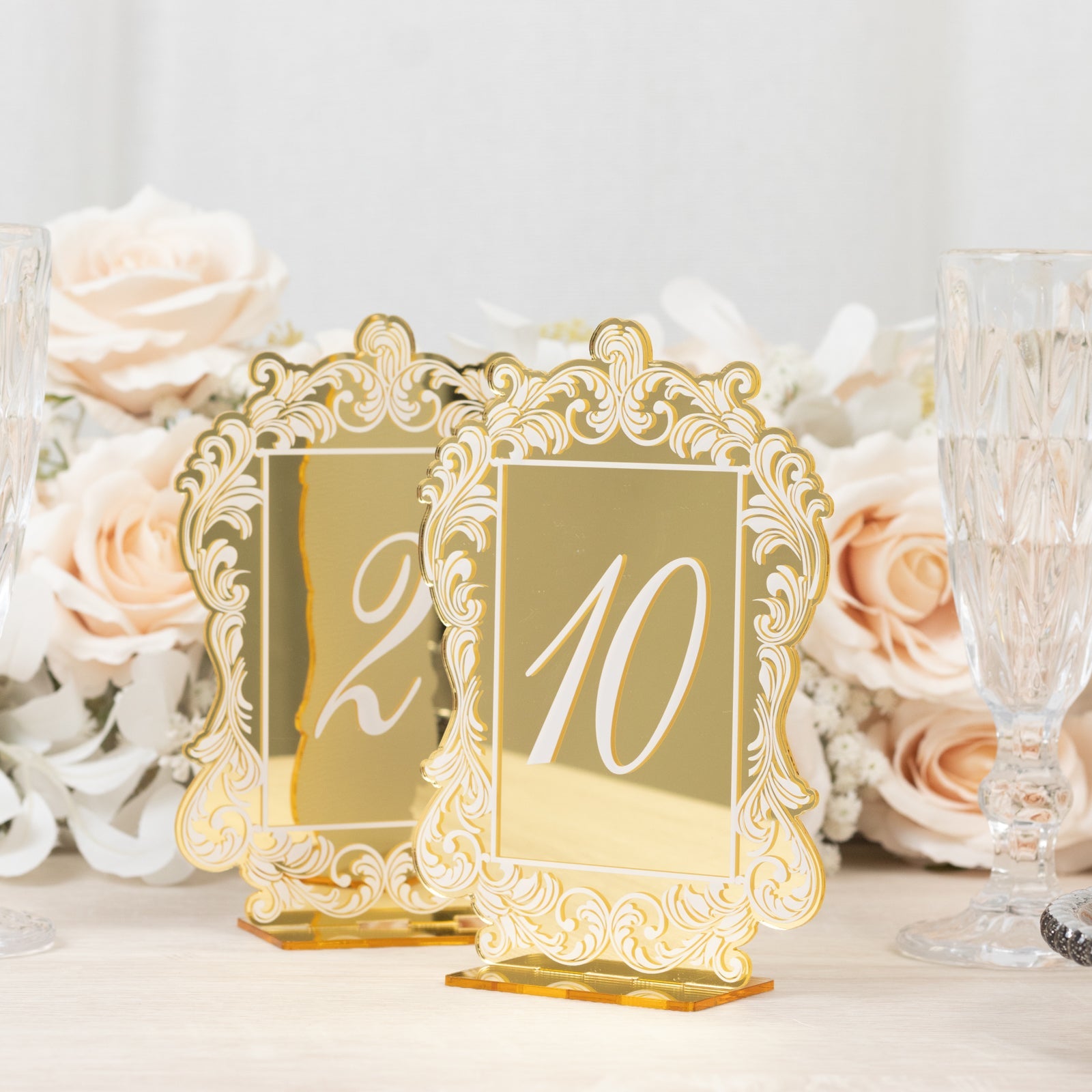 Hot Sale! 10-piece Gold & White Acrylic Wedding Table Numbers (1 - 10) with Baroque Lace Border & Stands