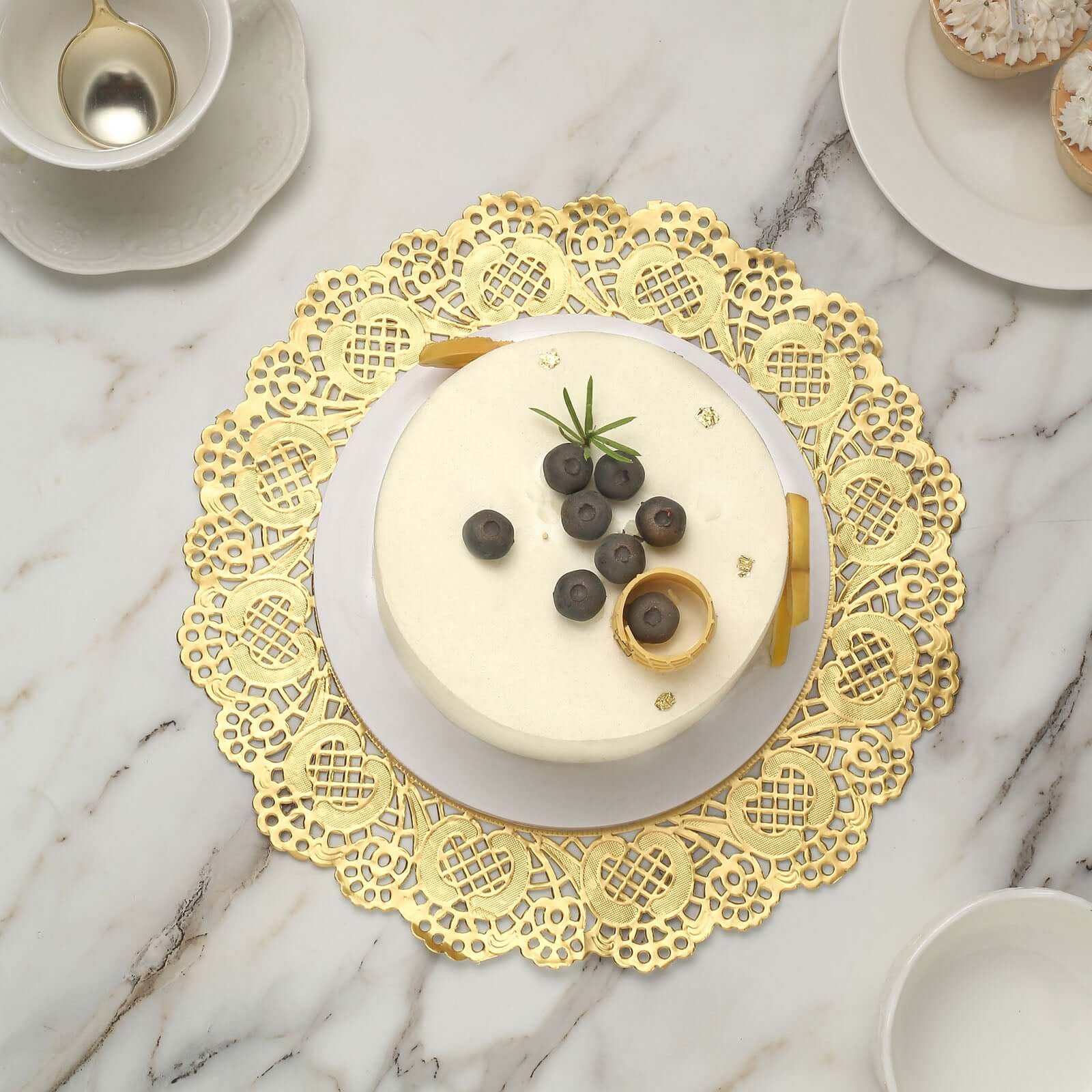 50 Pieces of 12-Inch Gold Food-Grade Lace Paper Round Placemats for Dessert & Table Decor