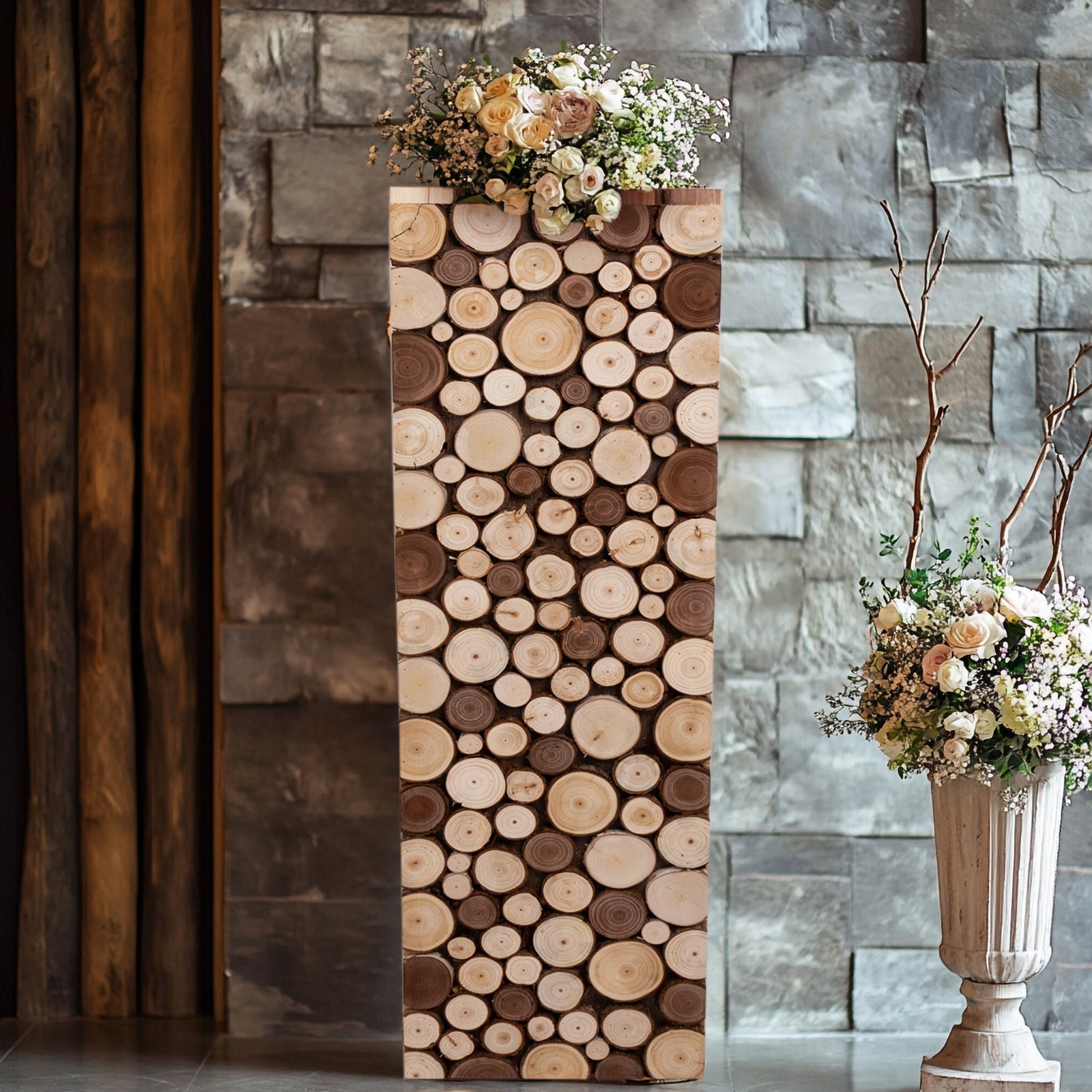 36" Natural Wooden Rectangular Pedestal Stand - Ideal for Rustic Decor
