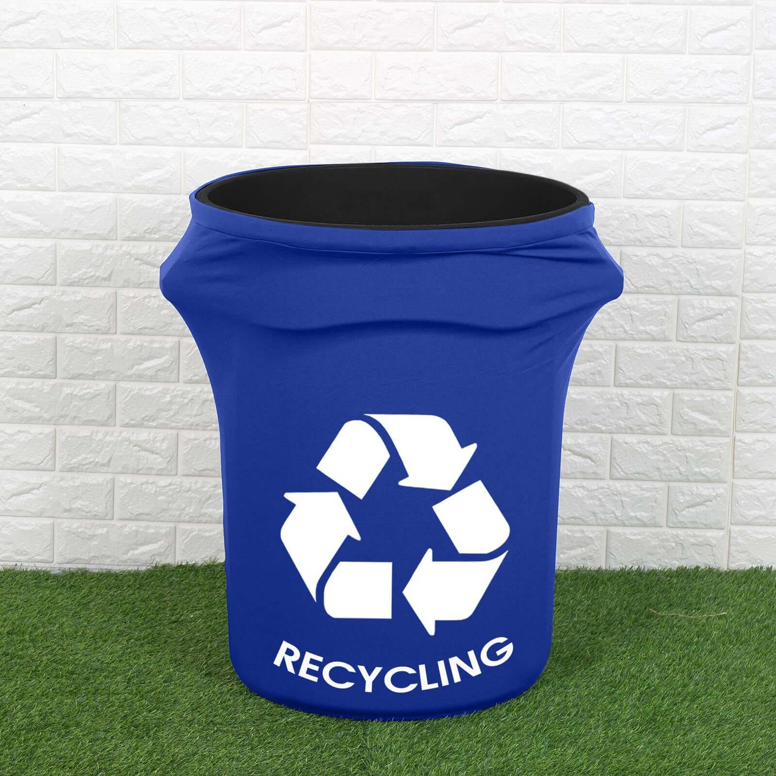 Get This Royal Blue Spandex Stretch Trash Can Cover (41 - 50 Gallons) with Recycling Logo