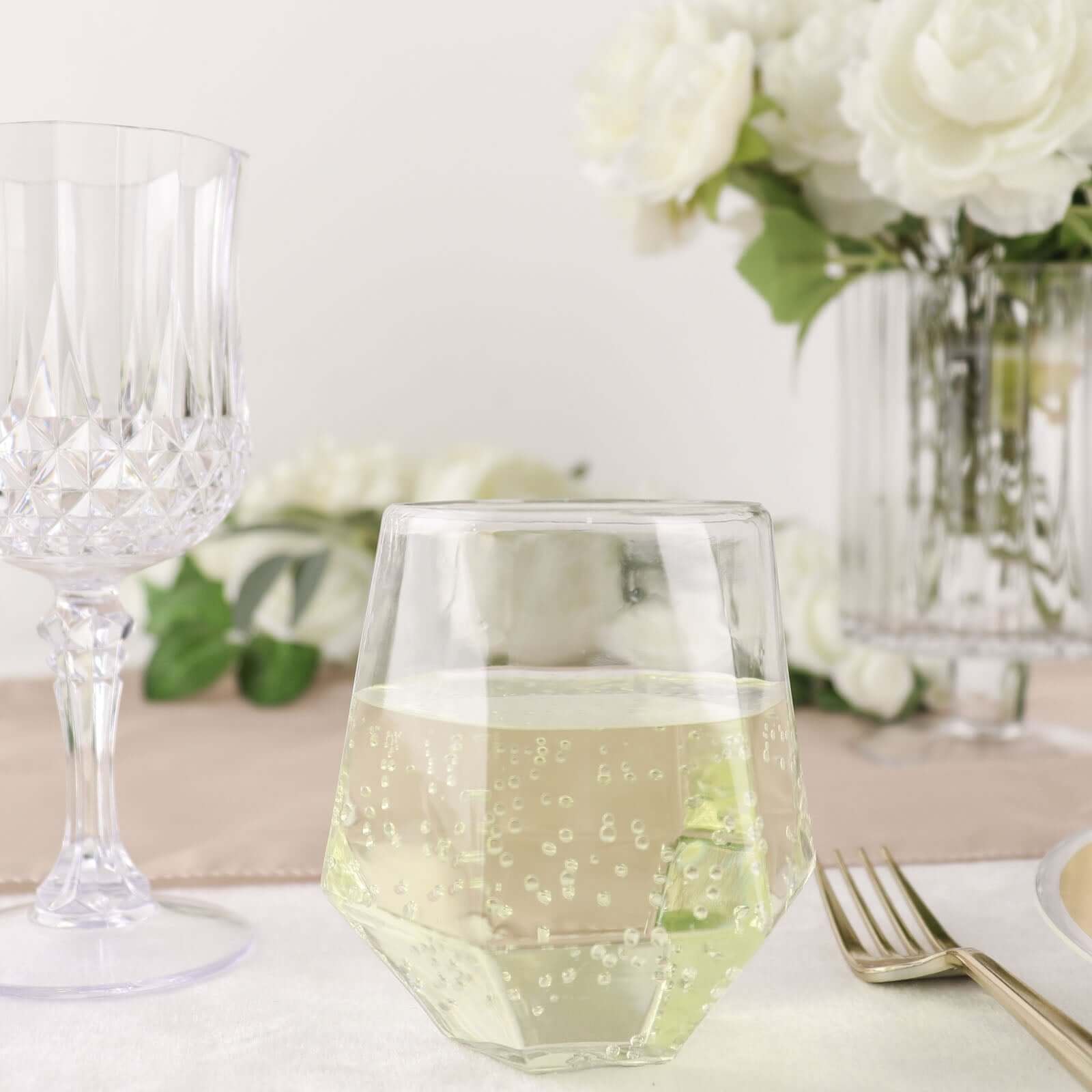 12-Piece Set of Reusable Clear Plastic Stemless Diamond-Shaped 12oz Wine & Whiskey Glasses