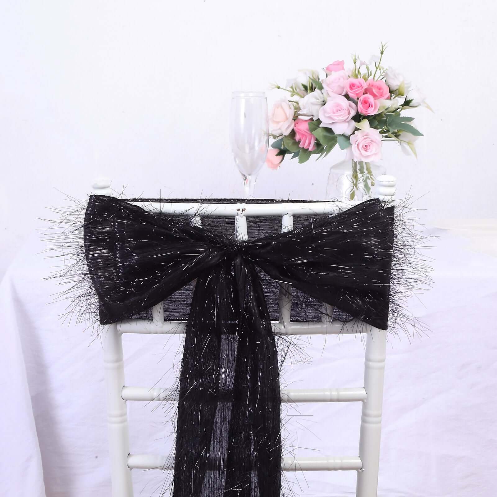 5-Piece Set of Black Metallic Tinsel Fringe Polyester Chair Sashes - Effortless Chair Bows, 6x108
