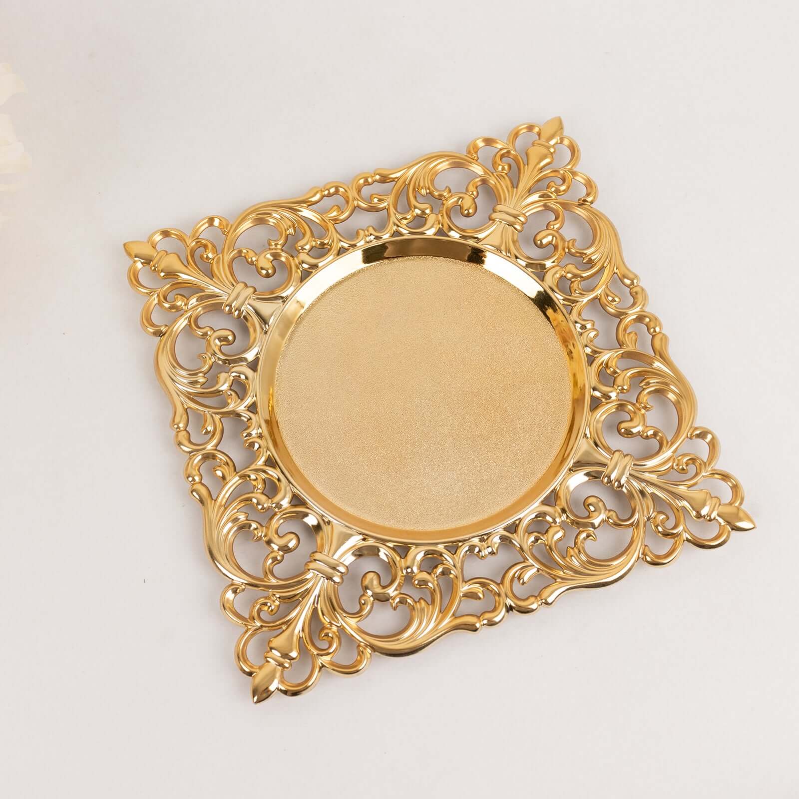 Hot Sale! 6-Piece Set of 12-Inch Gold Acrylic Square Charger Plates with Hollow Lace Border for Event Decor