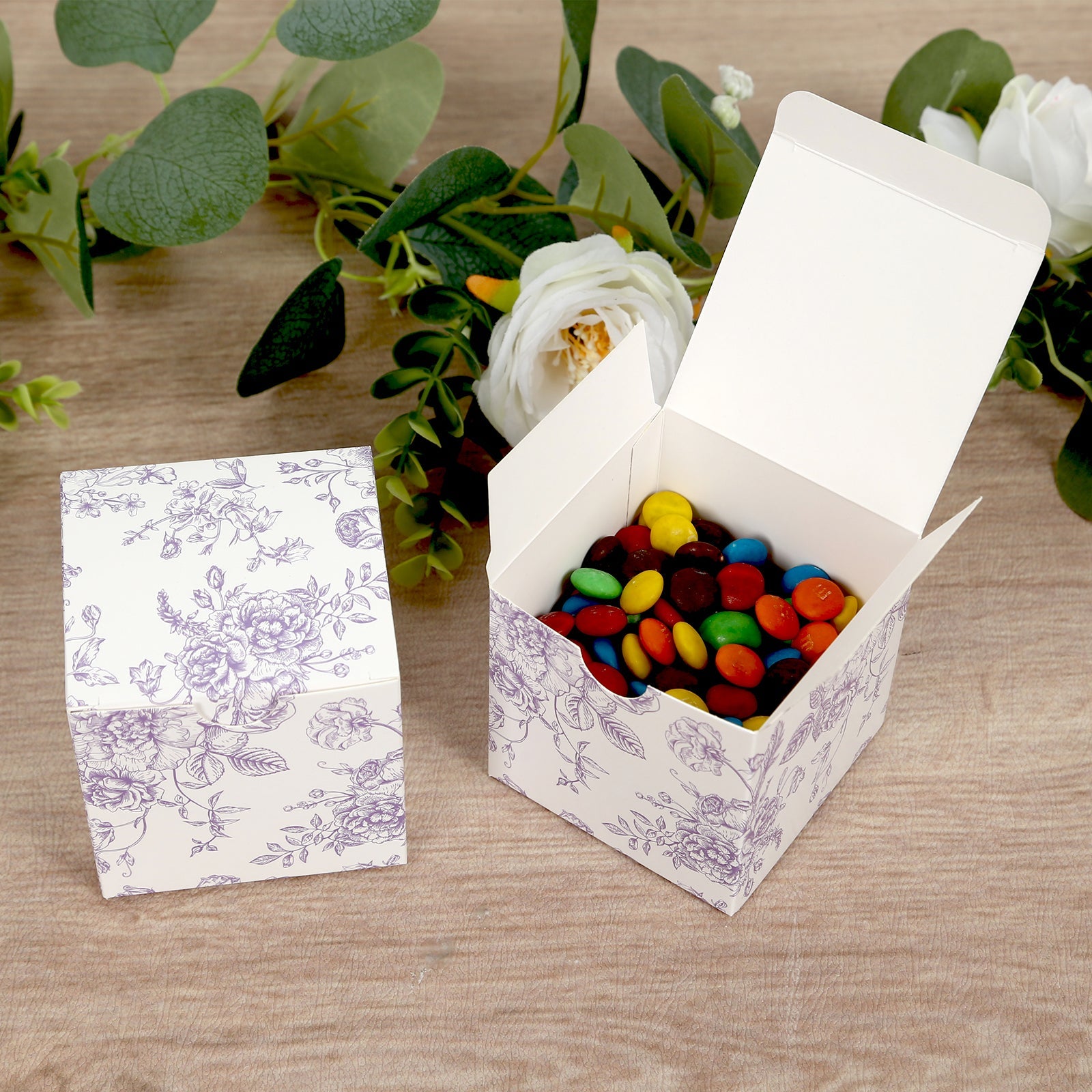 25-Piece Matte Lavender and White French Toile Pattern Cardstock Candy Favor Boxes - 3x3