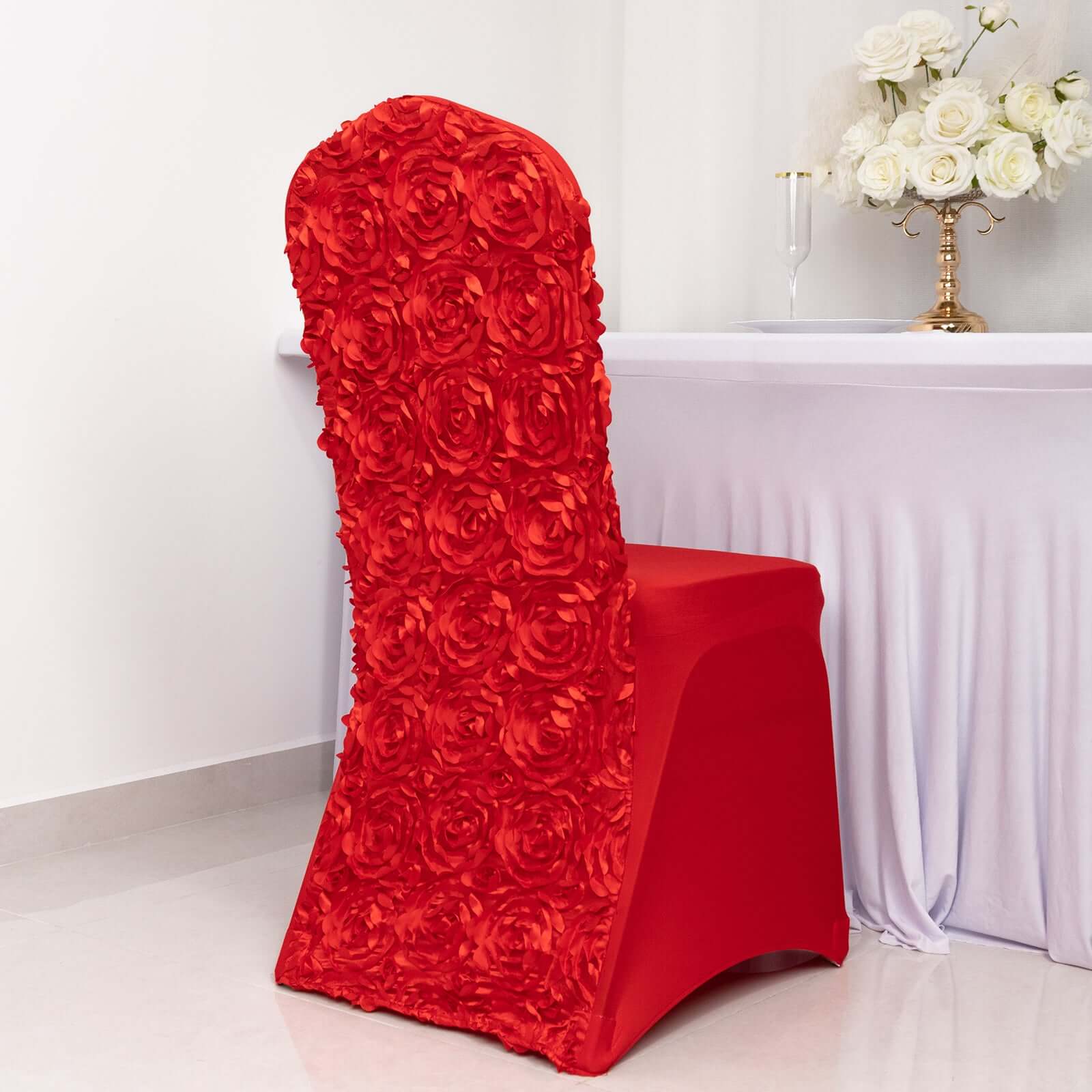 Red Satin Rosette Stretch Slip-On Cover for Banquet Chairs - Great Value!