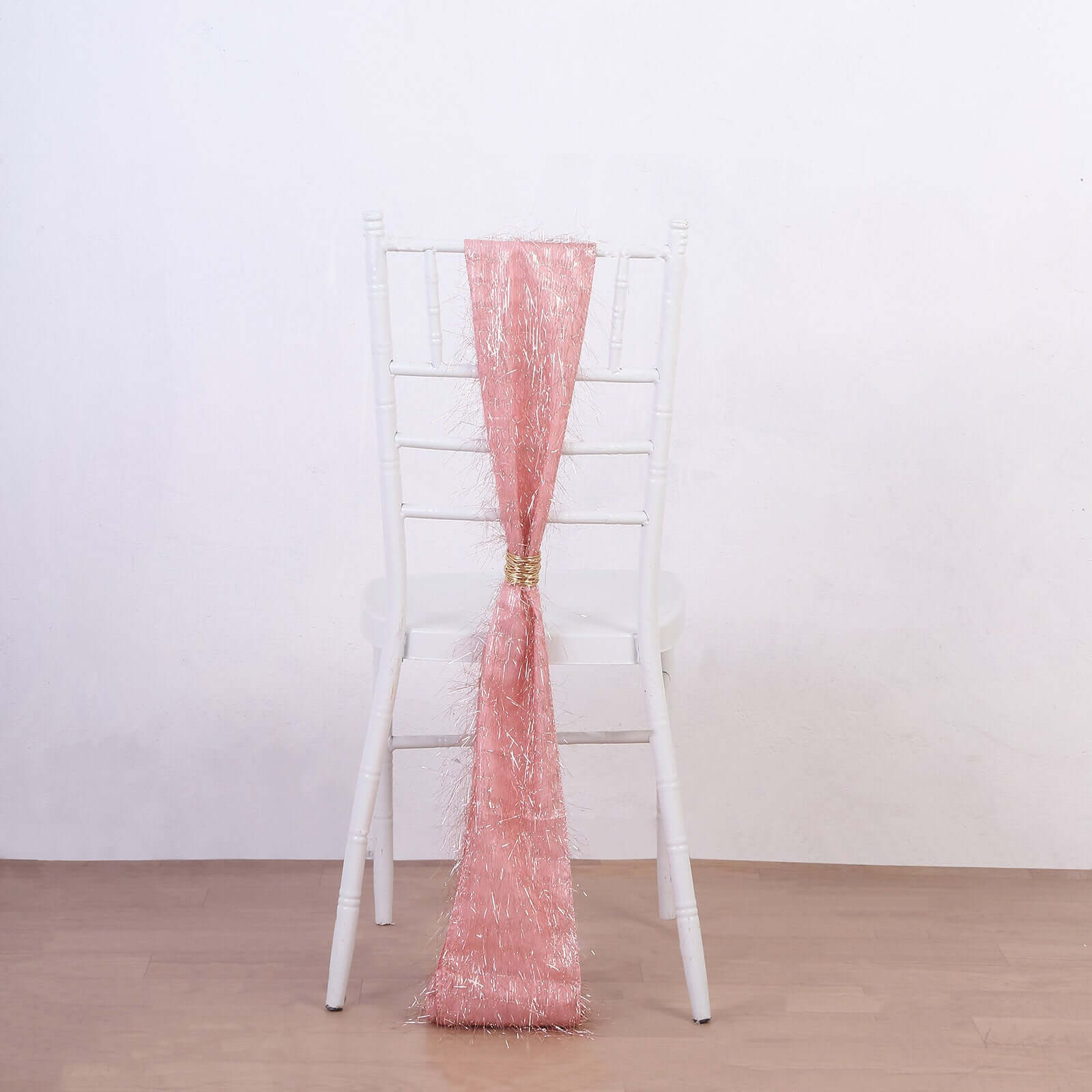 5-Pack Rose Gold Polyester Chair Sashes with Metallic Tinsel Fringe - Easy-to-Use Bows