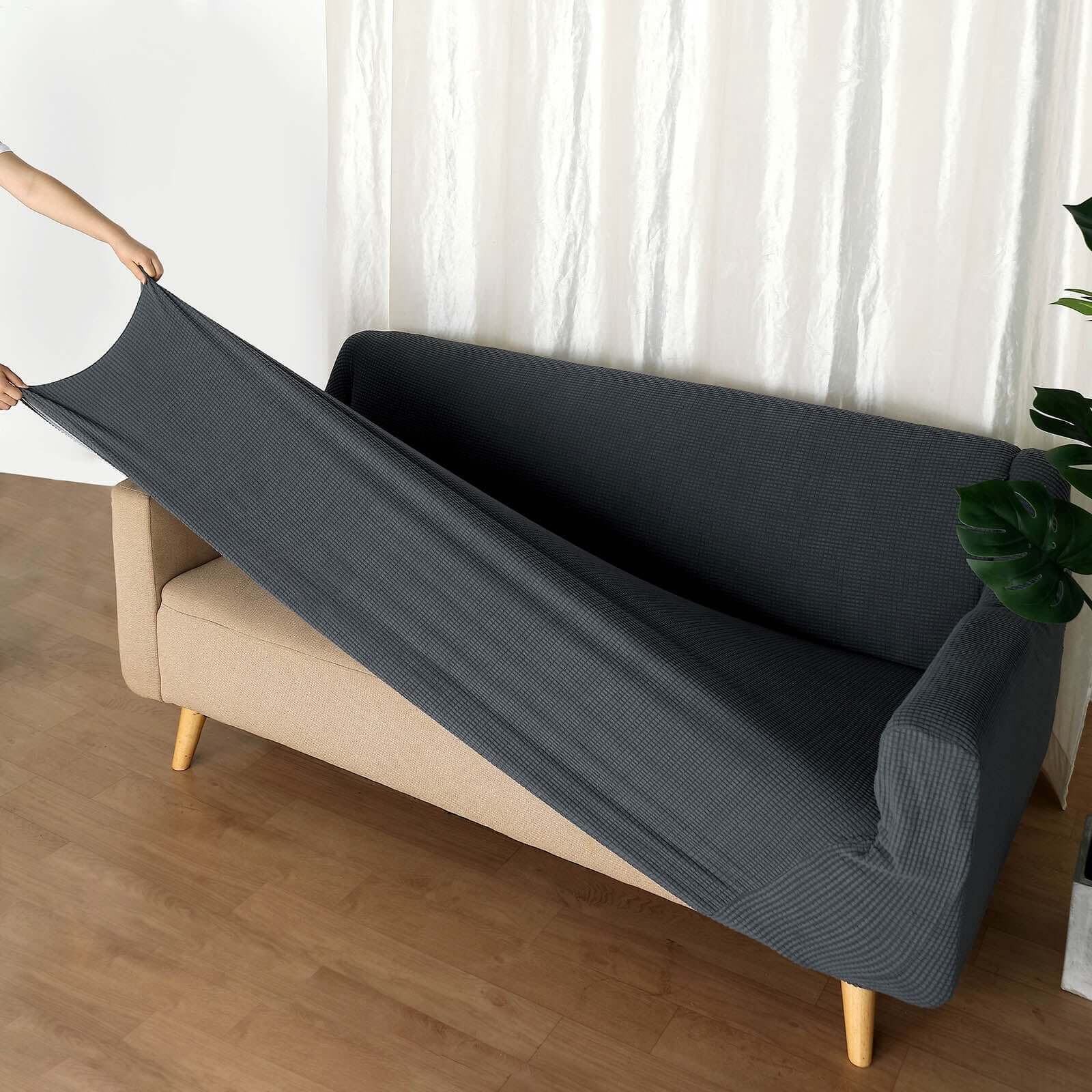 Hot Deal! Charcoal Gray Jacquard Spandex Loveseat Slipcover - 1-Piece Easy Fit Design