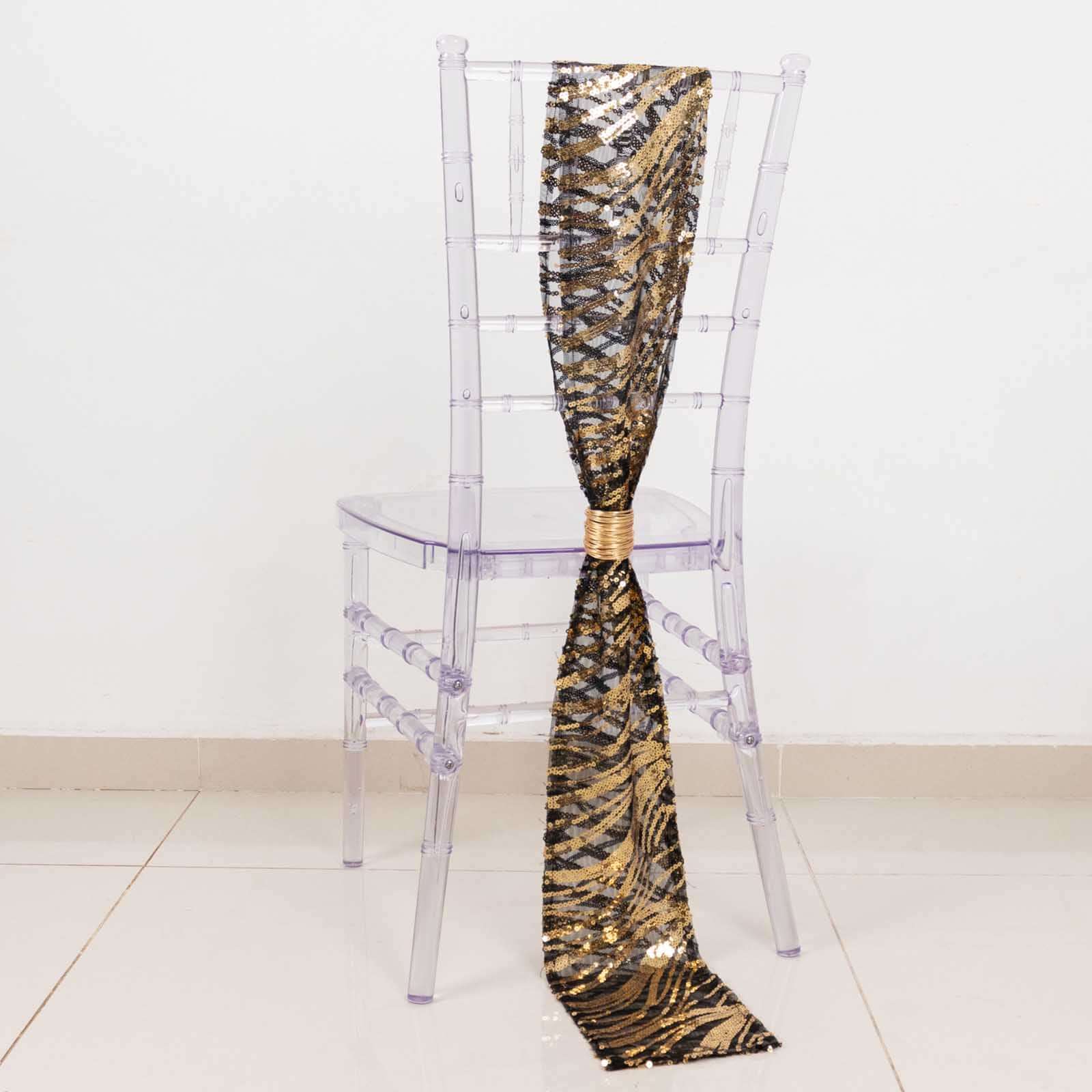Set of 5 Black/Gold Wave Embroidered Sequin Chair Sashes - Elegant Wedding Decor