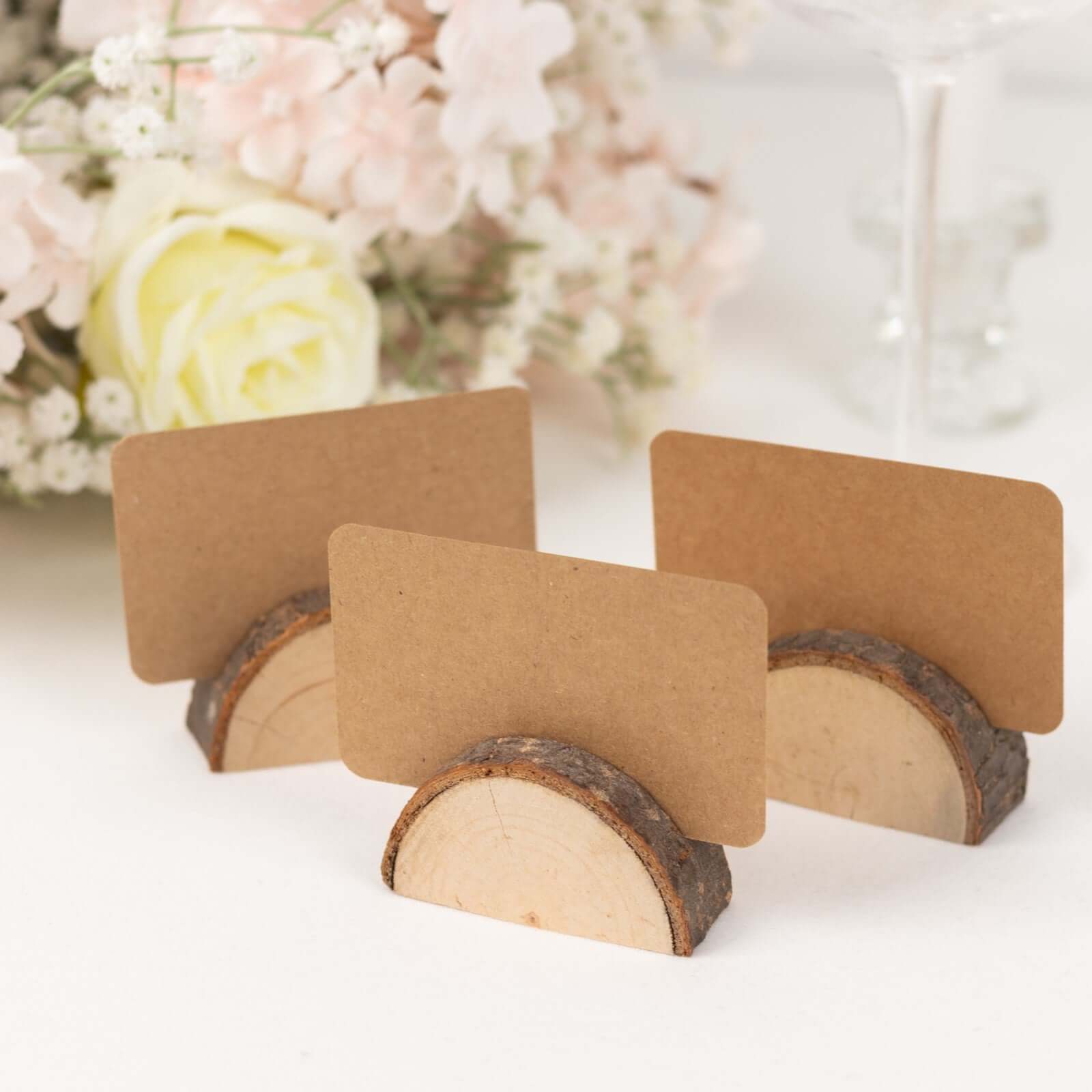 Set of 10 Natural Wood Place Card Holders with Brown Paper - Rustic Semicircle Design for Wedding Table Numbers