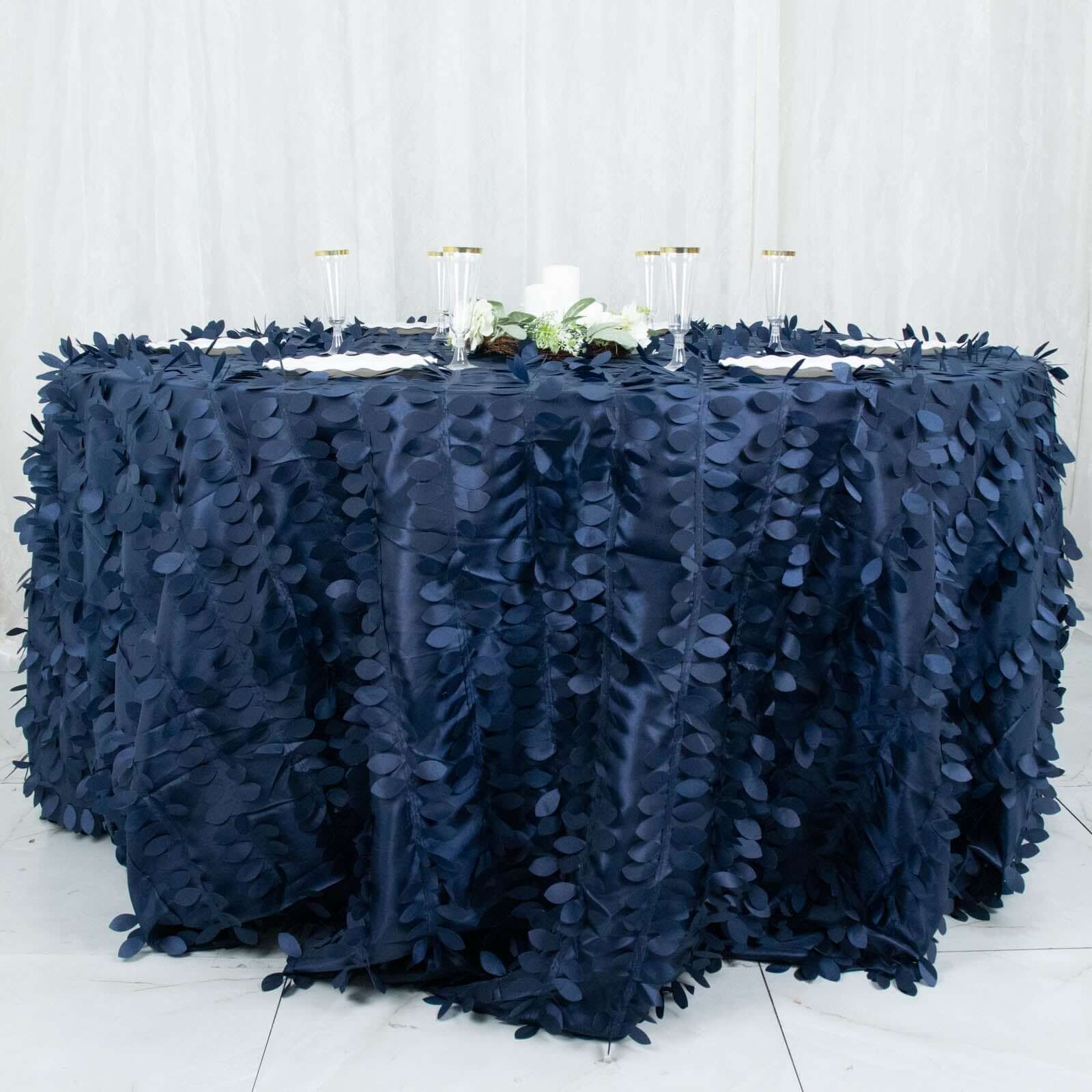 Hot Sale! Navy Blue Taffeta 132-Inch Round Tablecloth with 3D Leaf Petal Design
