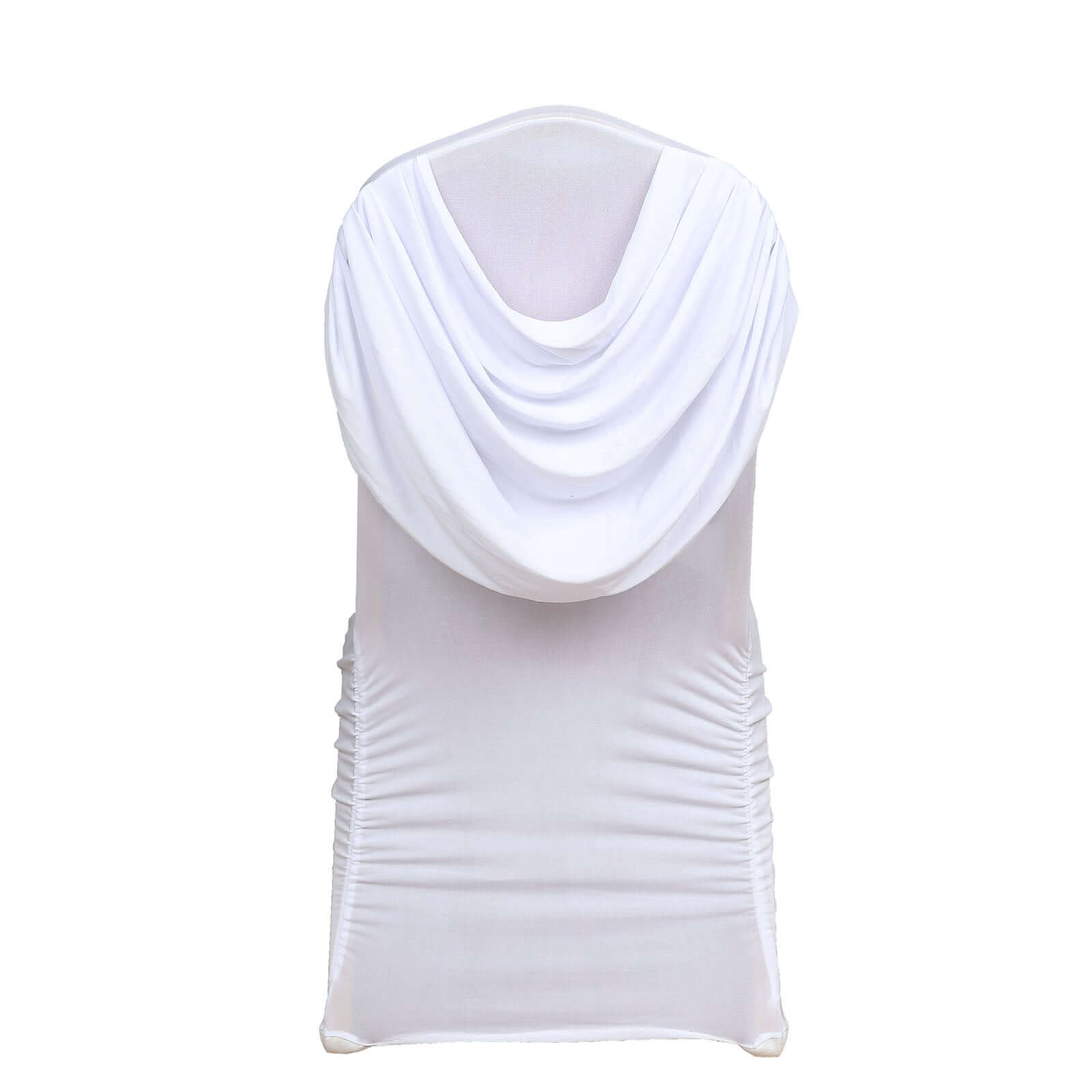 Stylish White Spandex Banquet Chair Cover with Ruched Swag Back & Foot Pockets for Weddings