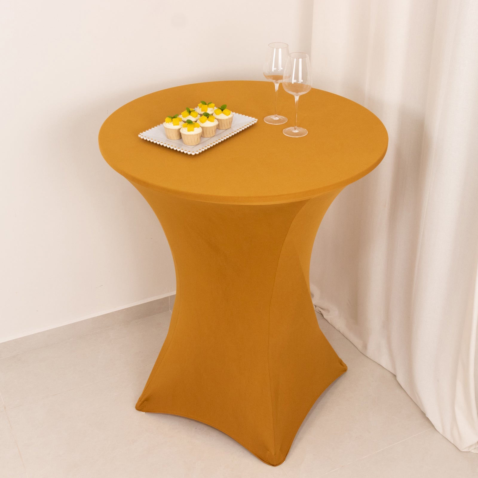 Stretchable Gold Spandex Cocktail Table Cover - Easy Maintenance for Events