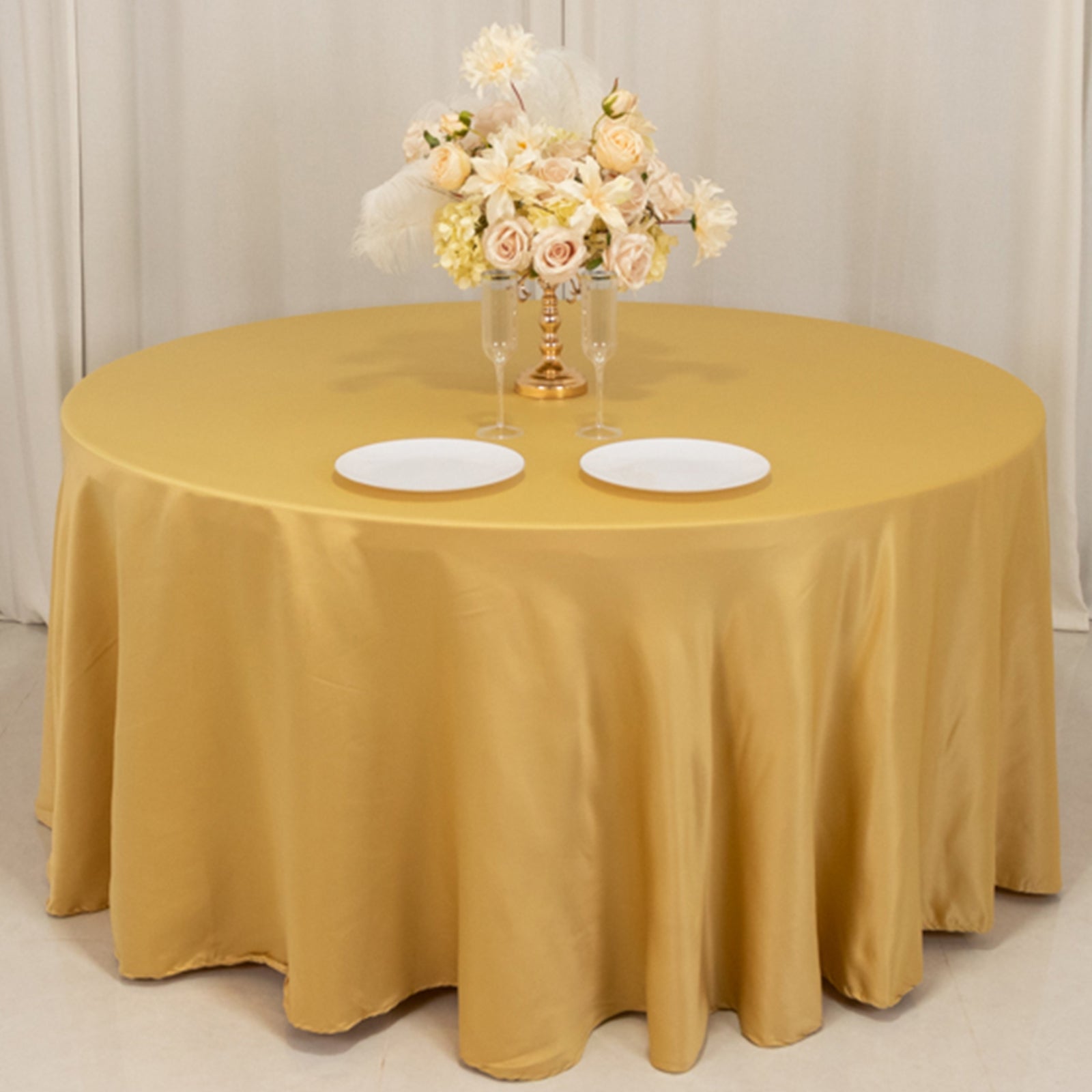 Hot Sale! 120-Inch Champagne Lamour Satin Round Seamless Tablecloth with Soft Sheen
