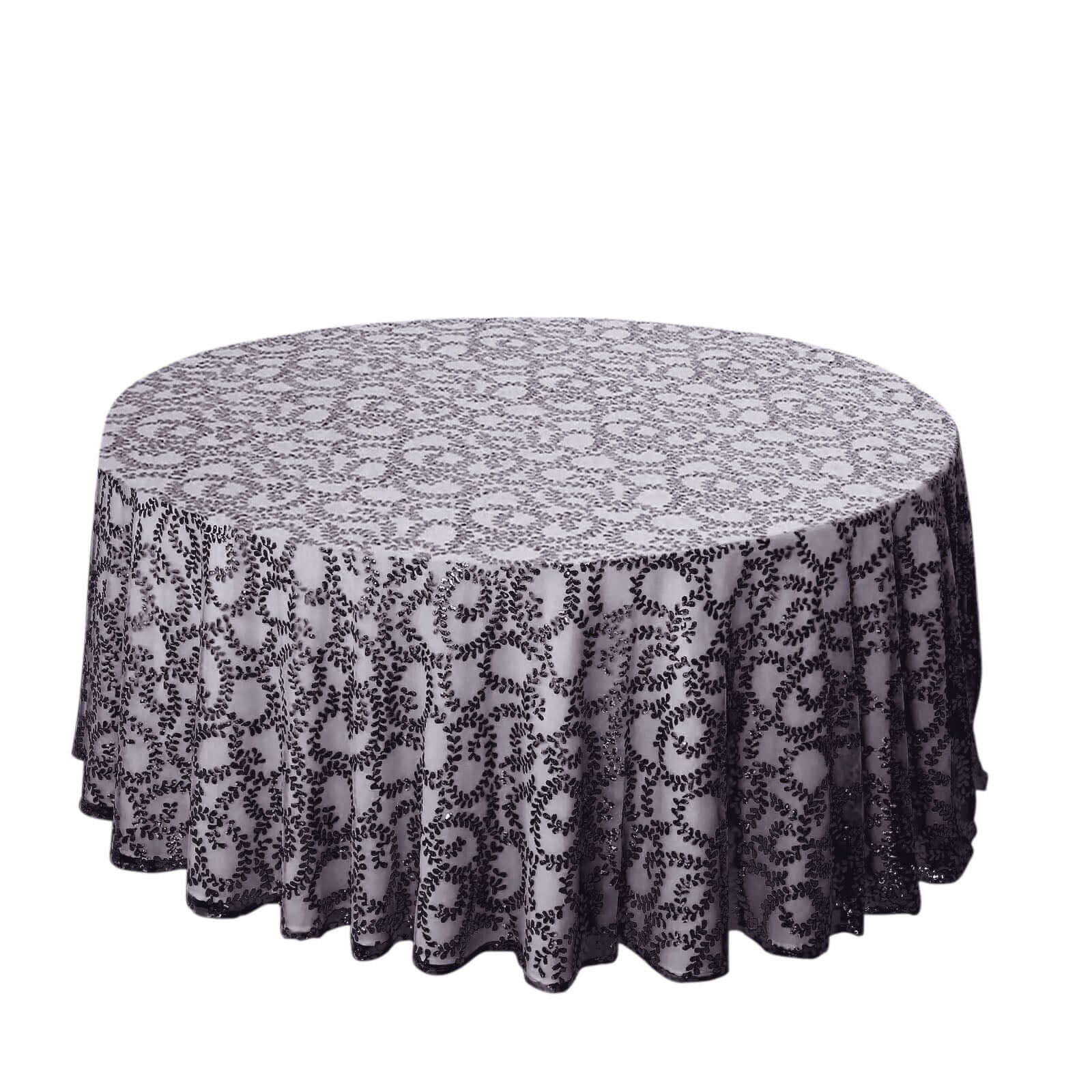 Sparkling Seamless Black Tulle Round Tablecloth with Leaf Embroidered for Special Events