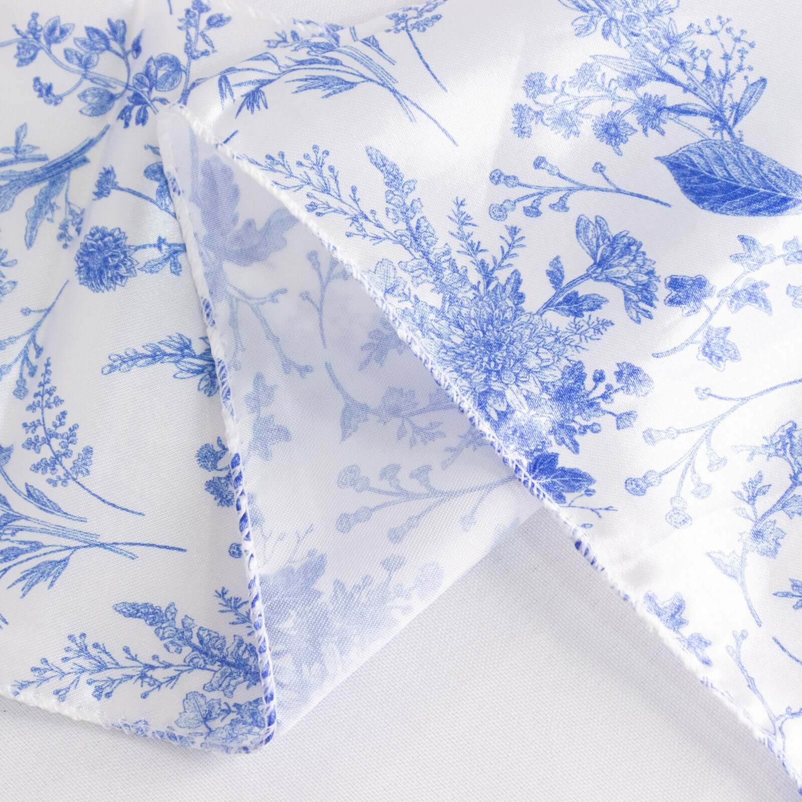 Special Offer! 5-Piece Set of Wrinkle-Resistant, Reusable Satin Chair Sashes in White/Blue French Toile Floral Design