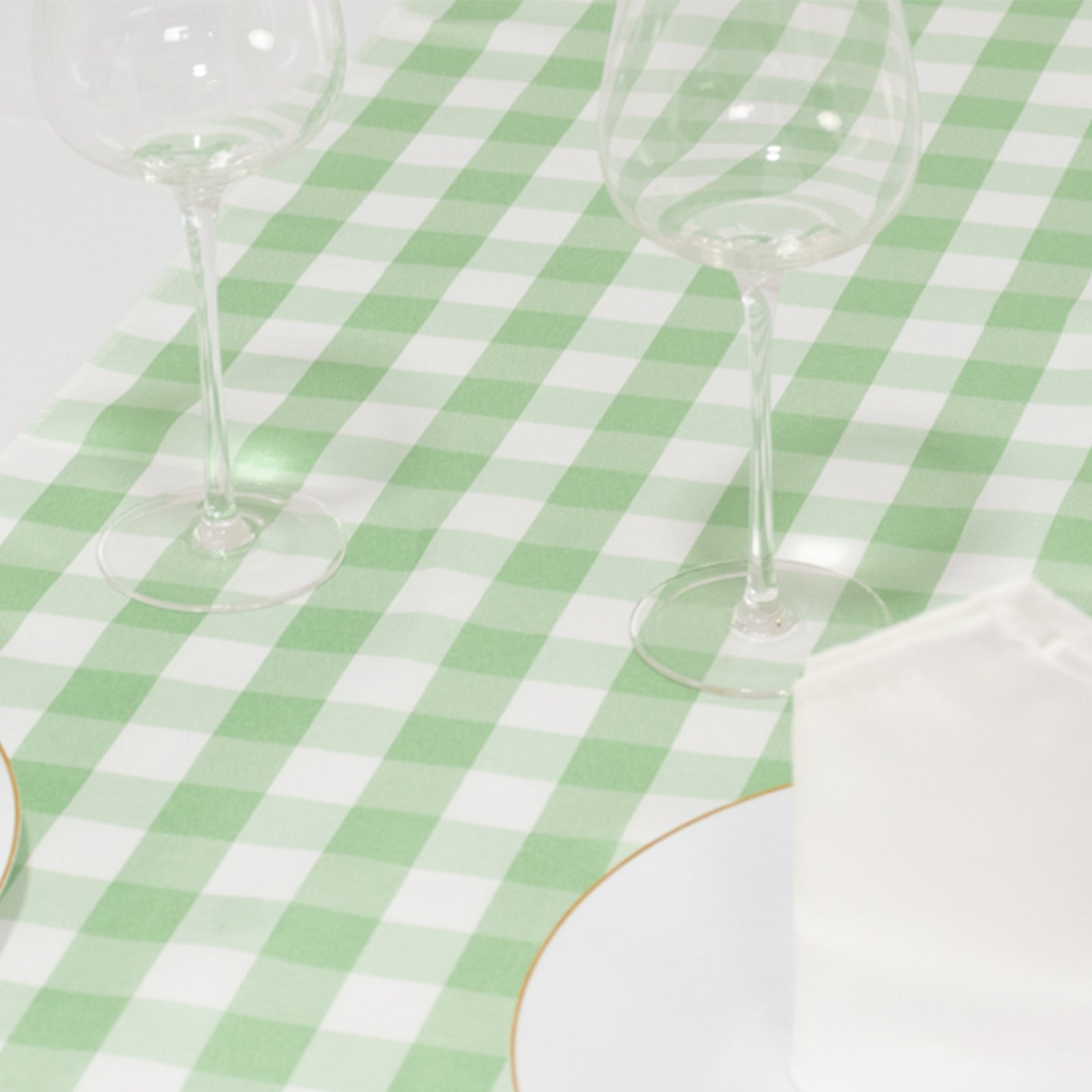 Hot Sale! 14x108 Polyester Table Runner in Sage Green and White Gingham Plaid Design
