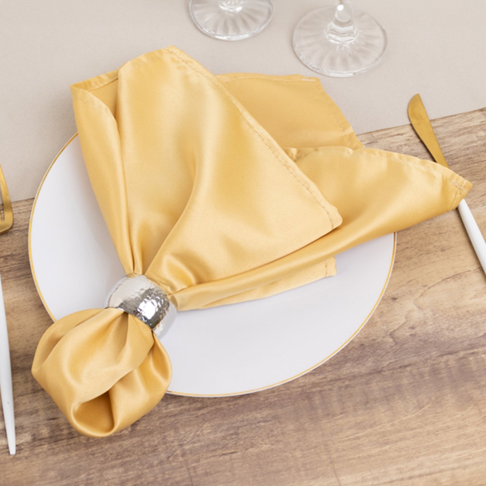 Get 5-Pack of Lamour Satin Dinner Napkins in Champagne, 20x20 Size