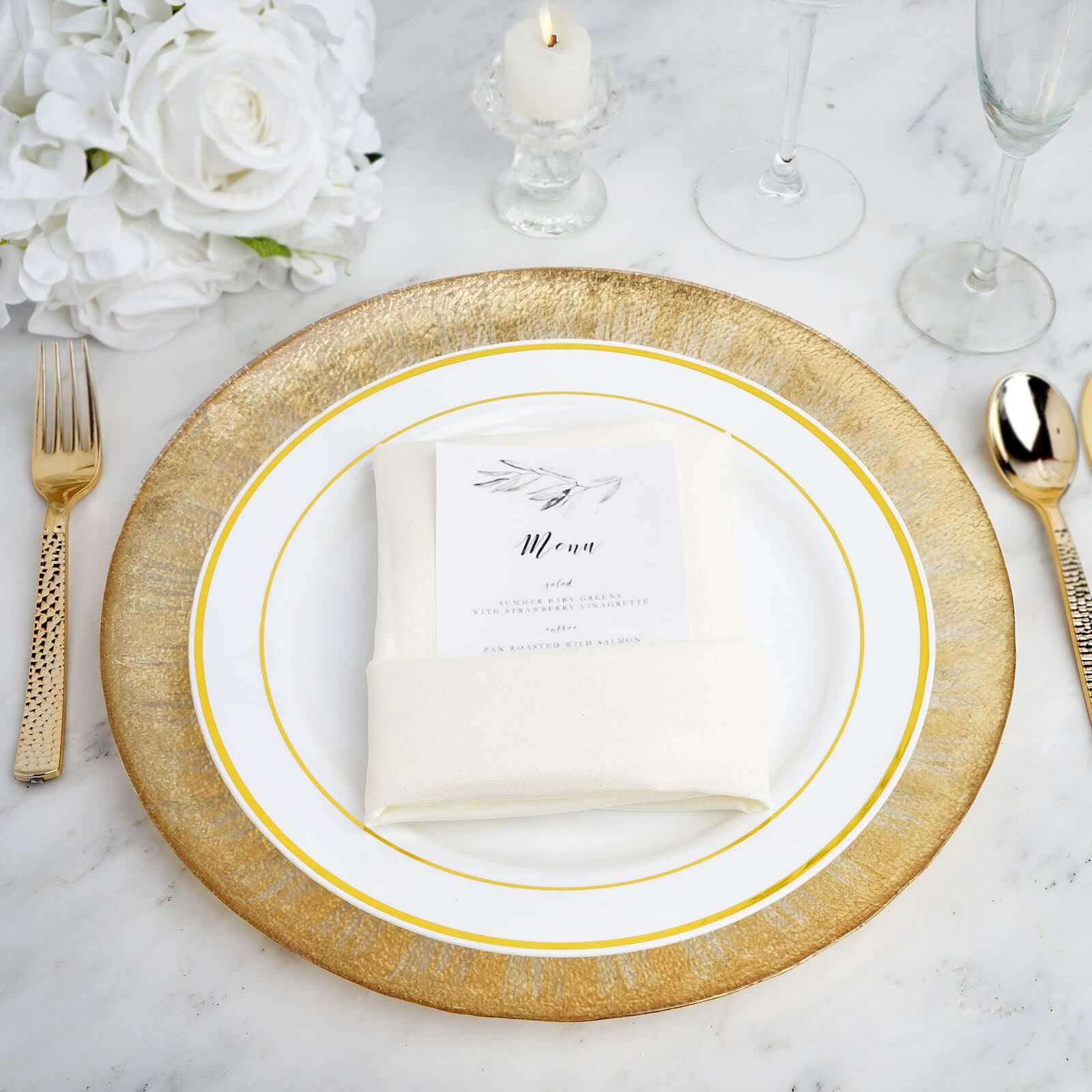 Hot Sale! 8-Piece Set of 13-Inch Clear Glass Round Dinner Charger Plates with Metallic Gold Spray Rim