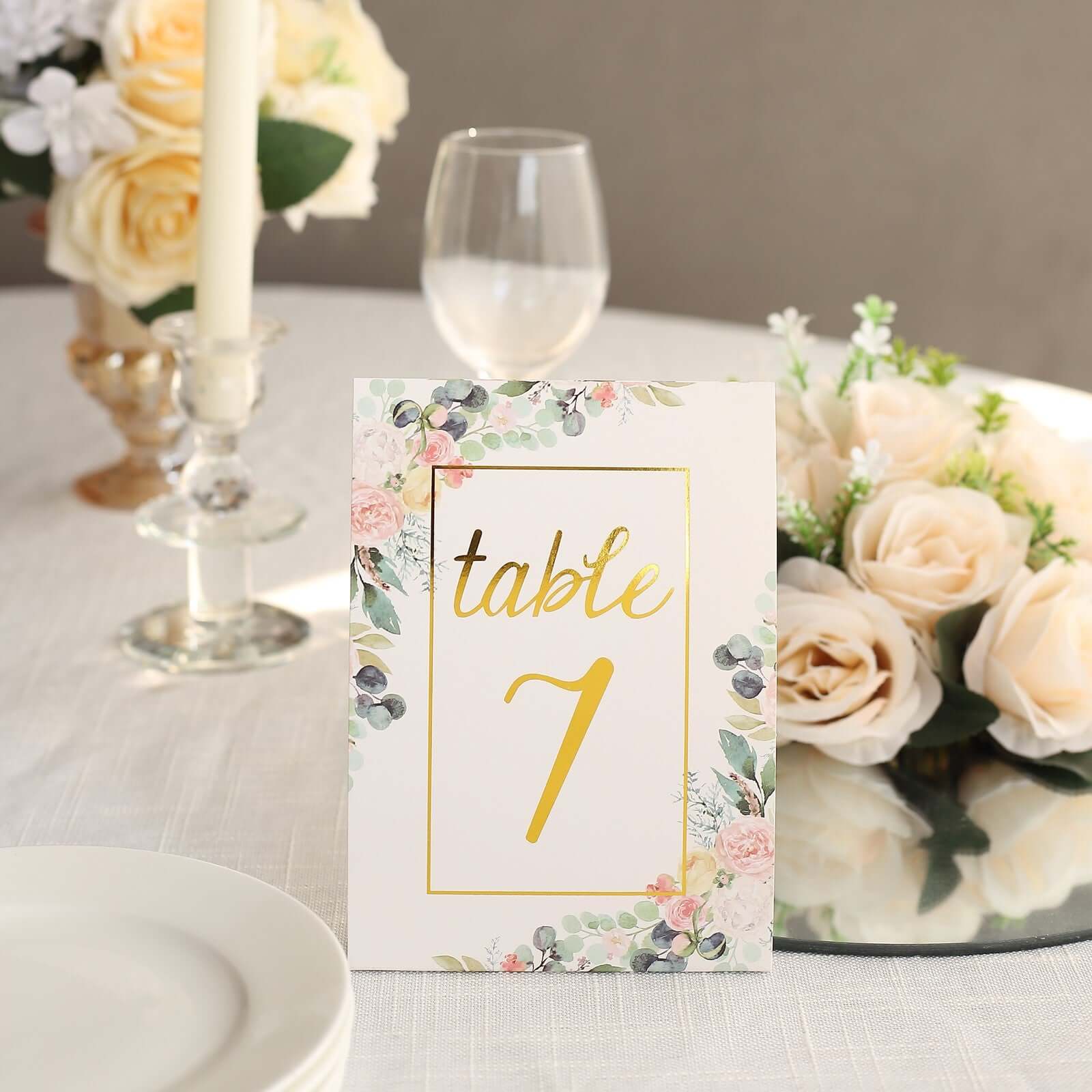 Get 25-Pack Free-Standing Double-Sided Wedding Table Numbers 1-25 with White Peony & Gold Foil Design