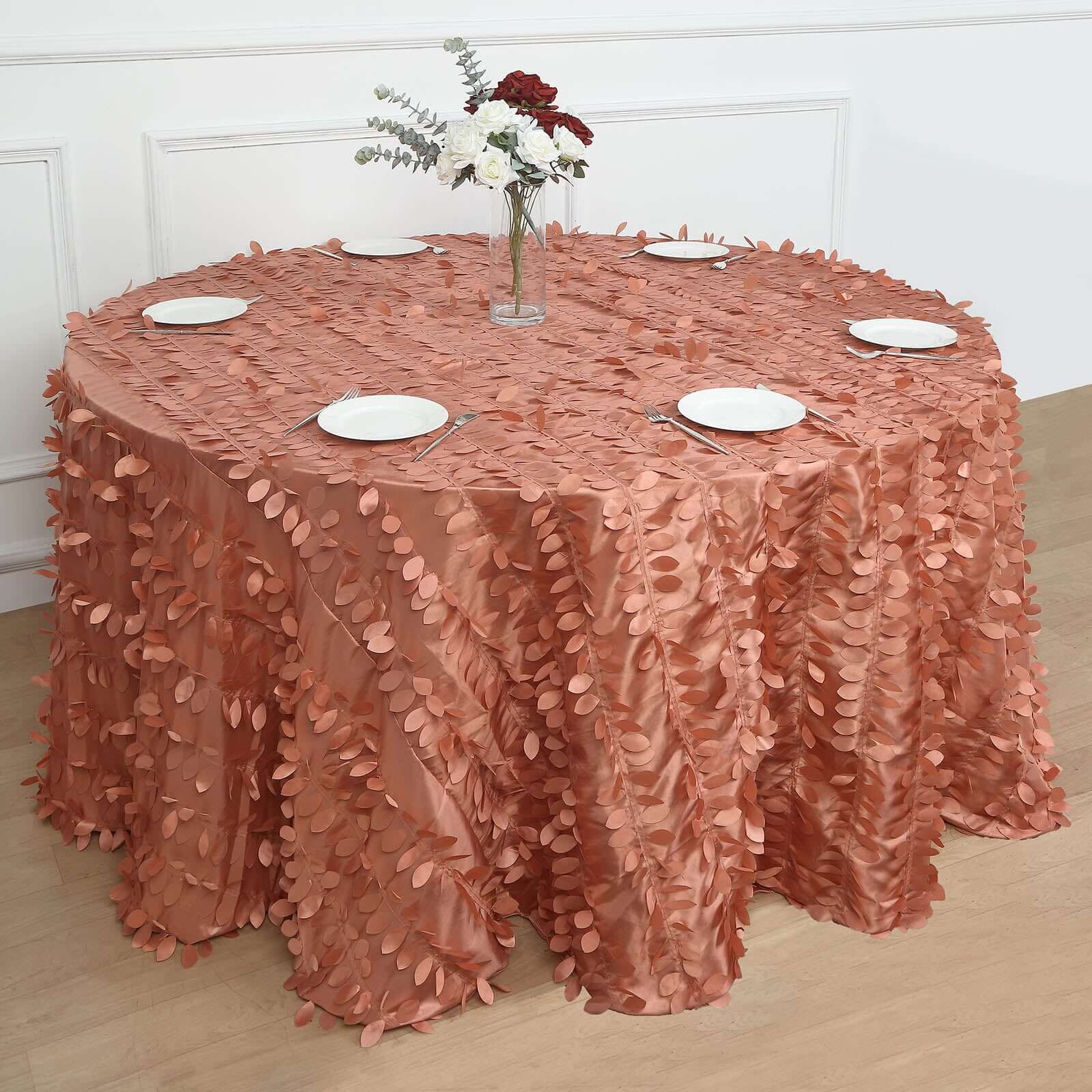 Exclusive 132' Round Taffeta Tablecloth in Terracotta (Rust) with 3D Leaf Petal Design