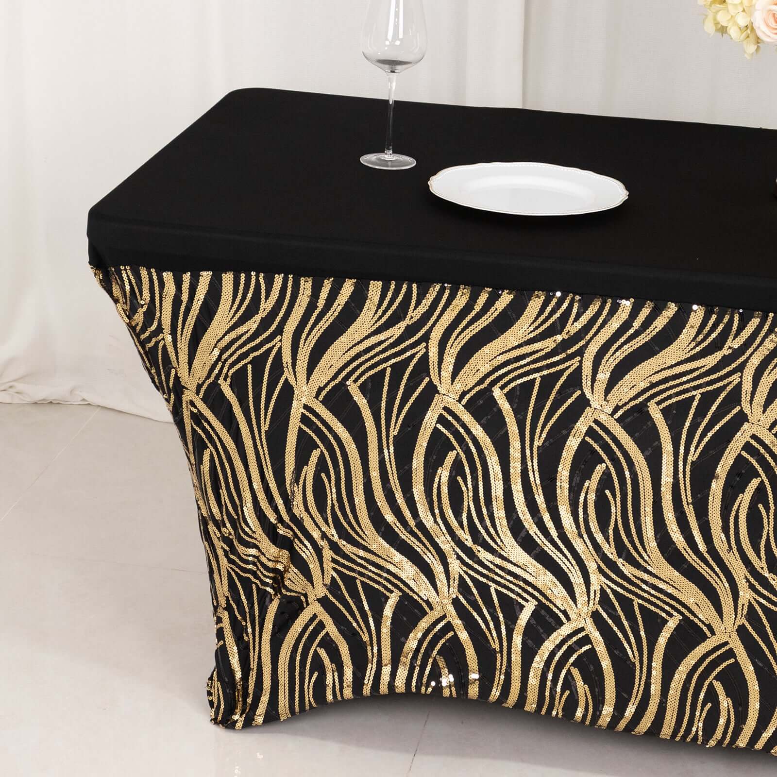 Black/Gold Wave Embroidered Four-Way Stretch Sequin Spandex Tablecloth for Luxe Events