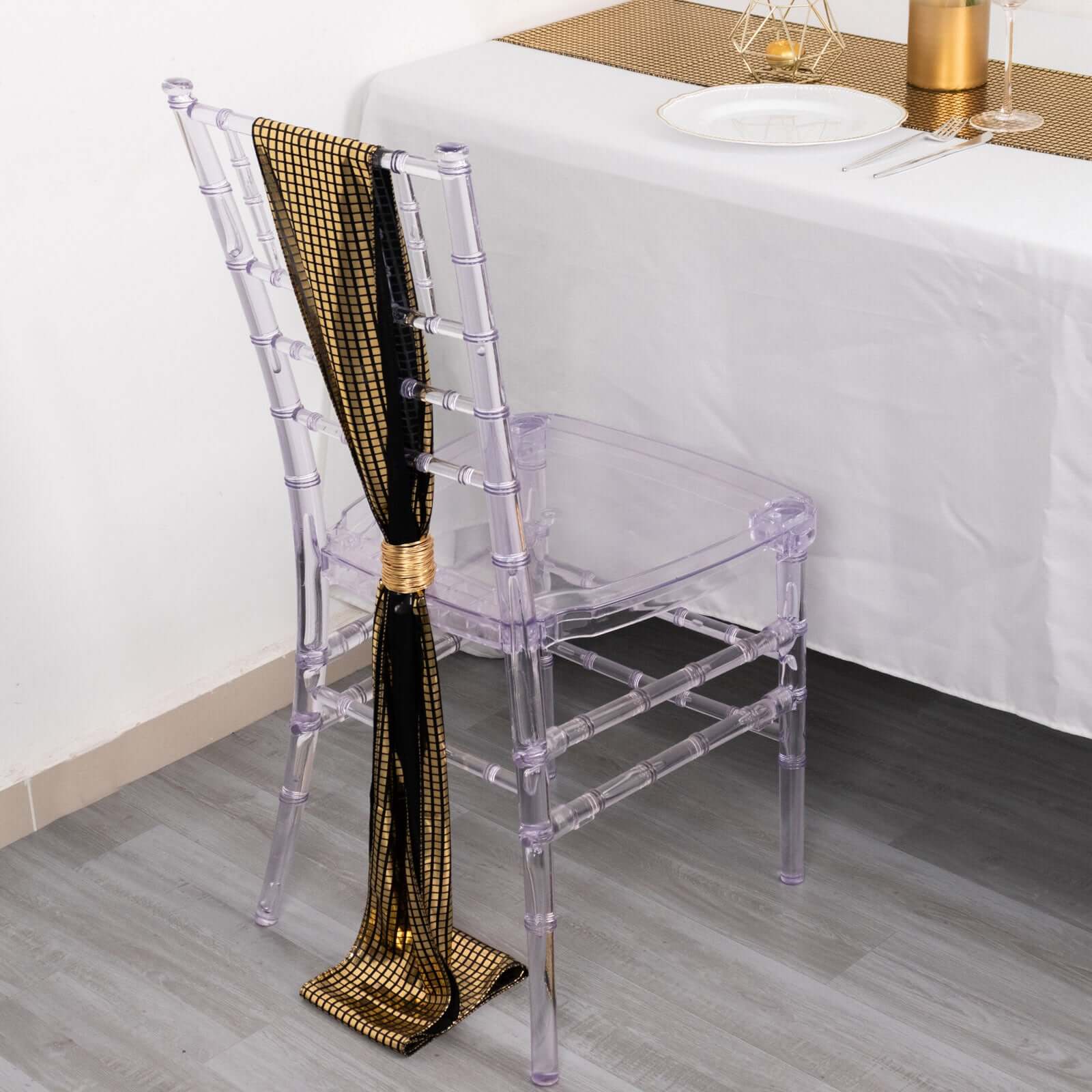 Hot Deal! 5-Pack Black/Gold Shiny Foil Polyester Chair Sashes for Disco Events