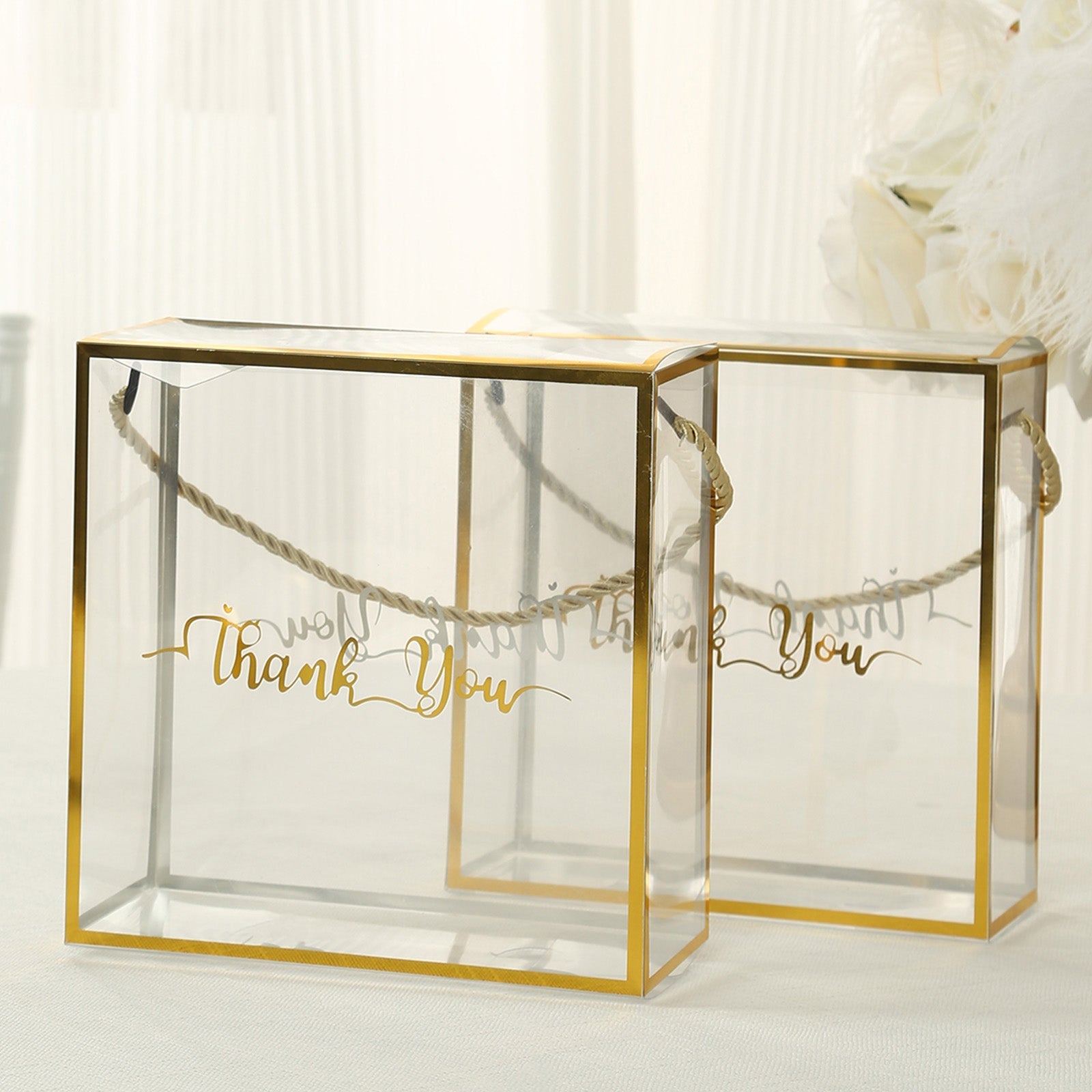 25-Pack Square Clear PVC Gift Boxes with Gold Trim, Rope Handles and 'Thank You' Print, 8x8 Size