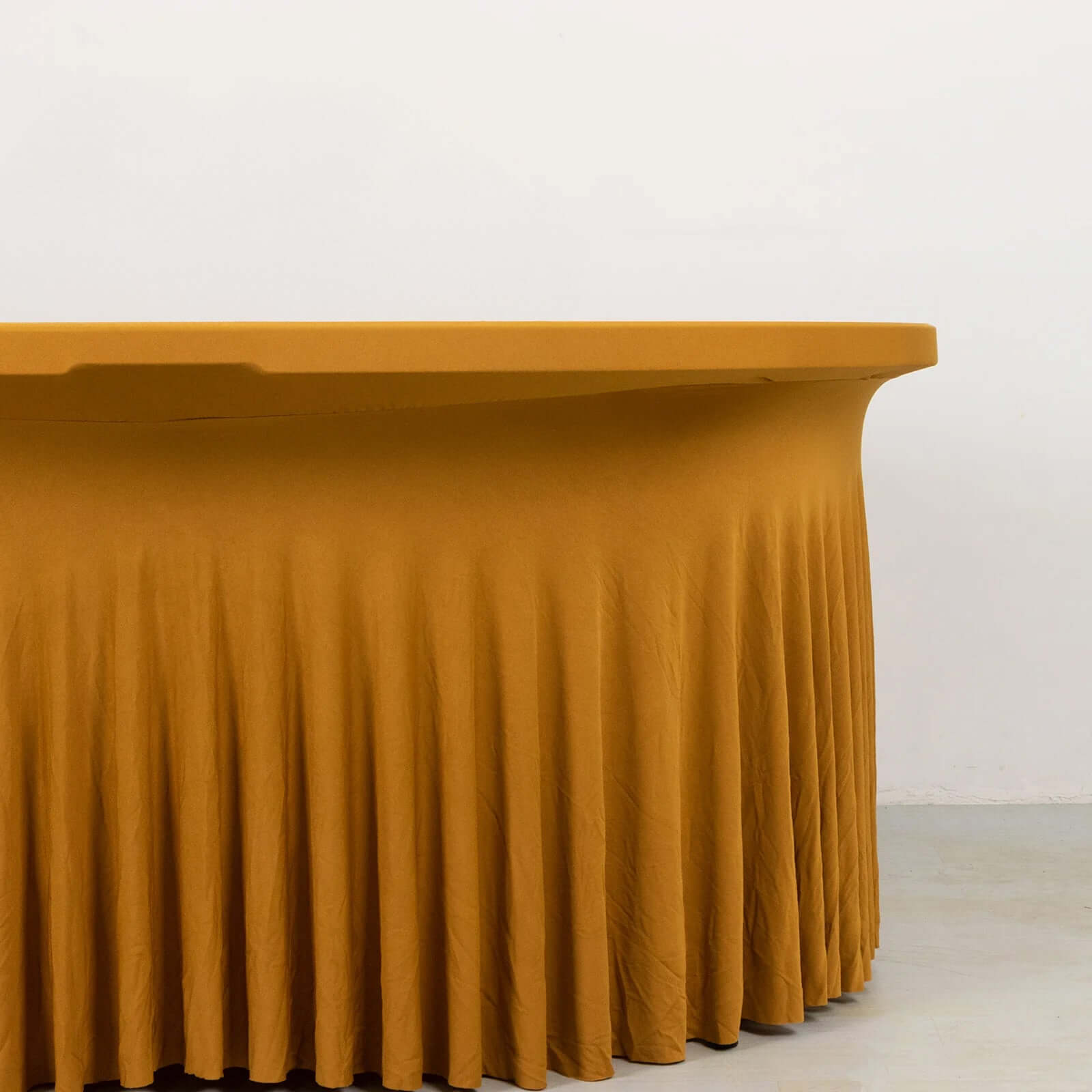 6ft Gold Spandex Round Table Skirt with Wavy Design for Weddings & Events