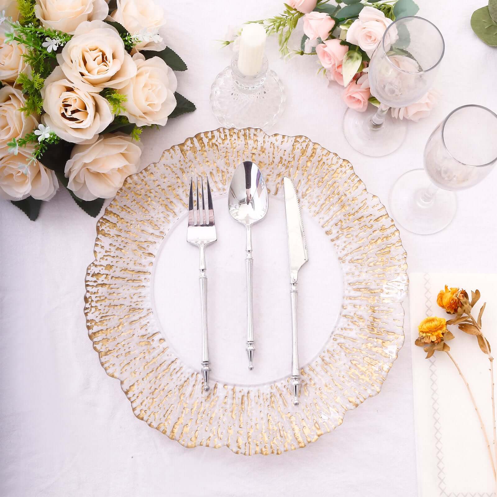 Hot Sale! 6-Pack 12-Inch Clear Plastic Round Charger Plates with Gold Brushed Scalloped Reef Rim for Party Serving