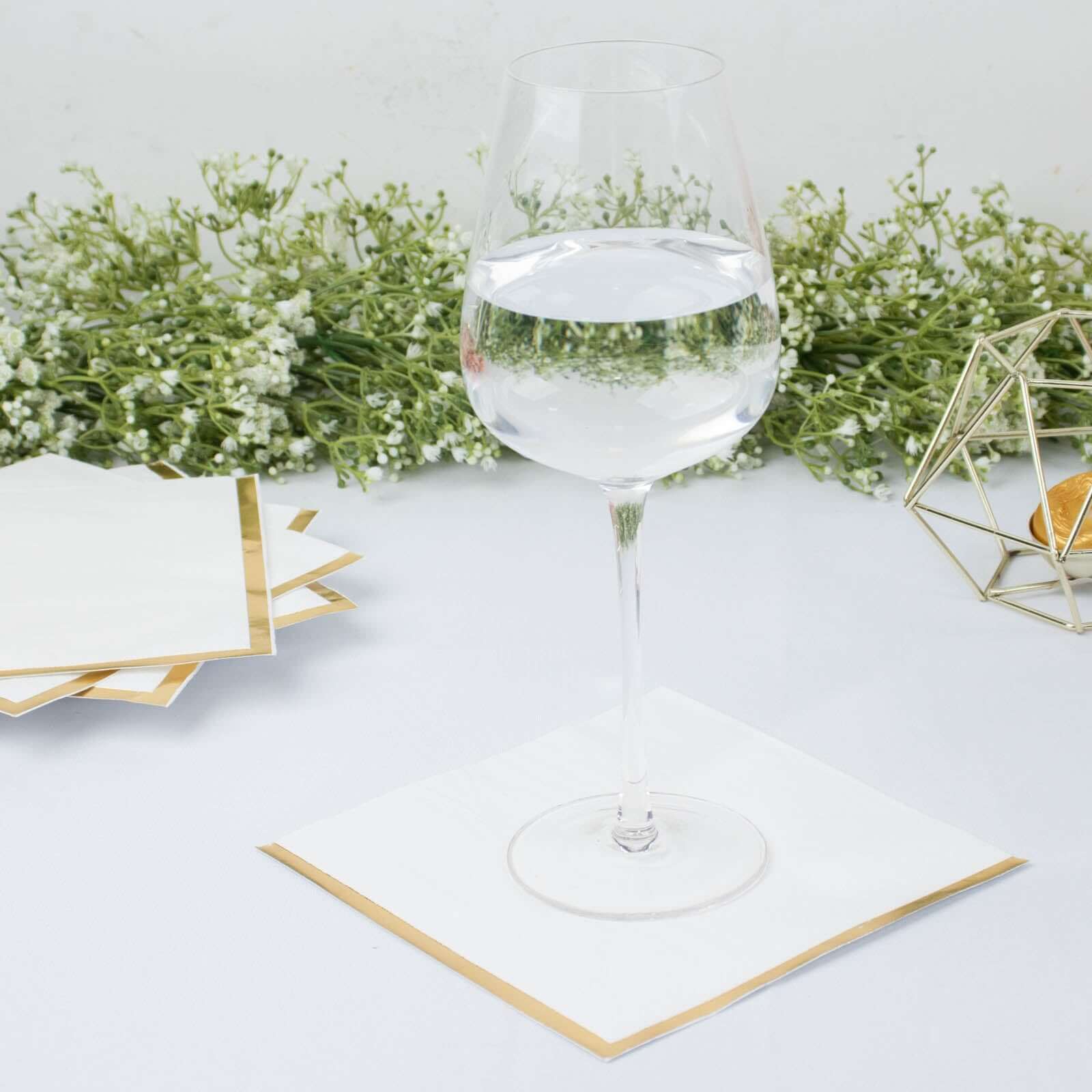 50-Piece Disposable 2-Ply White Cocktail Napkins with Gold Foil Edge, 6.5x6.5