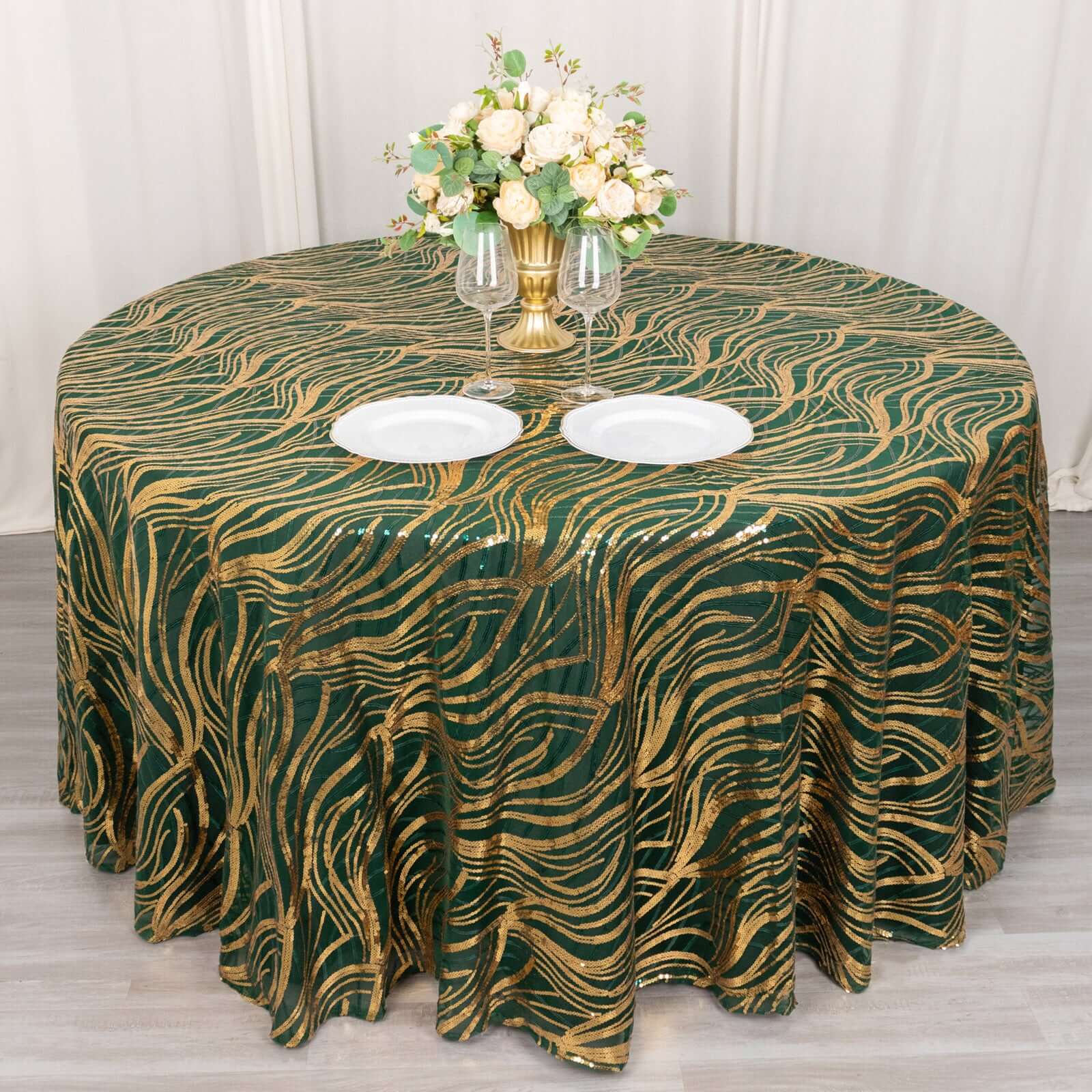 120-Inch Round Seamless Sparkly Wave Sequin Mesh Tablecloth in Hunter Emerald Green & Gold