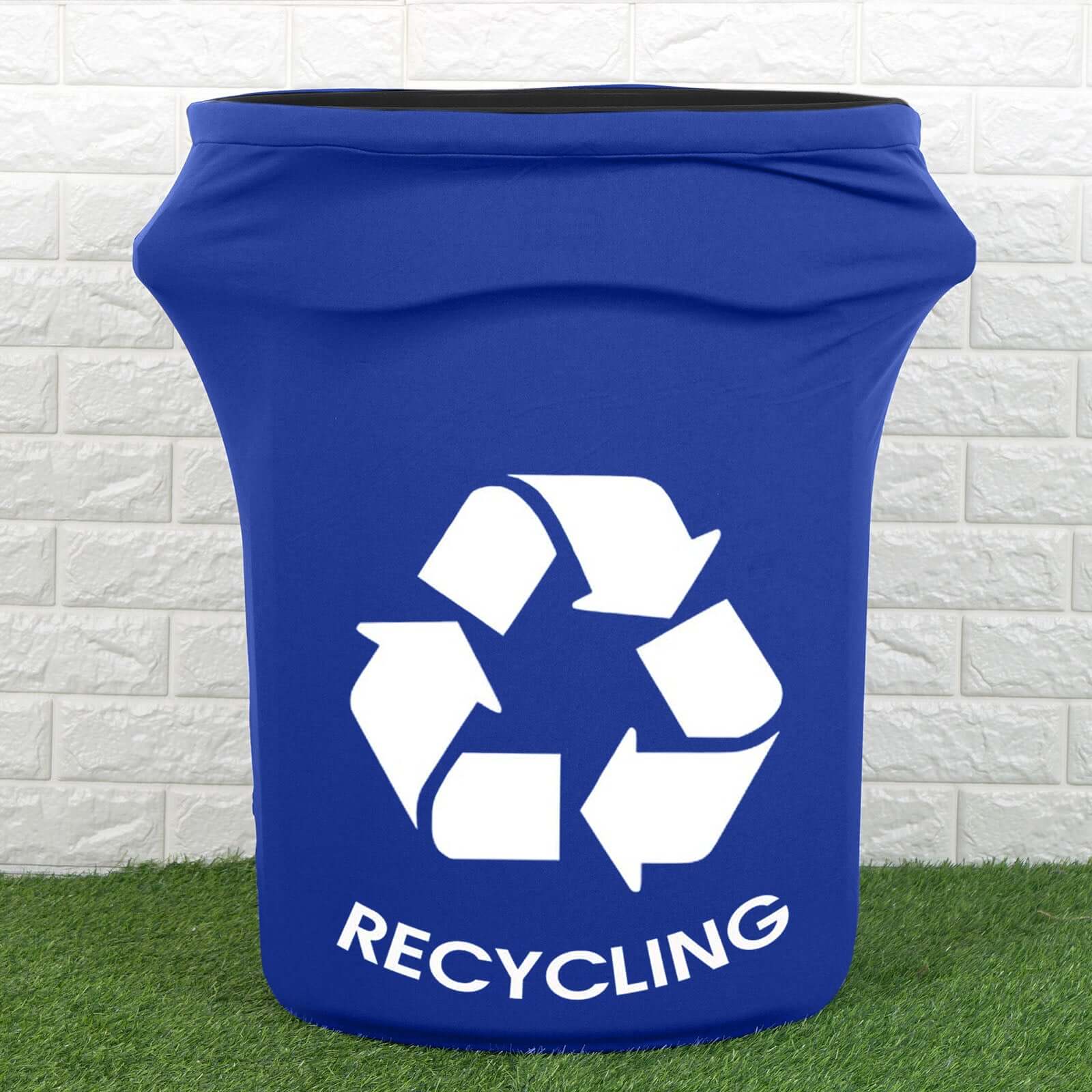 Get This Royal Blue Spandex Stretch Trash Can Cover (41 - 50 Gallons) with Recycling Logo