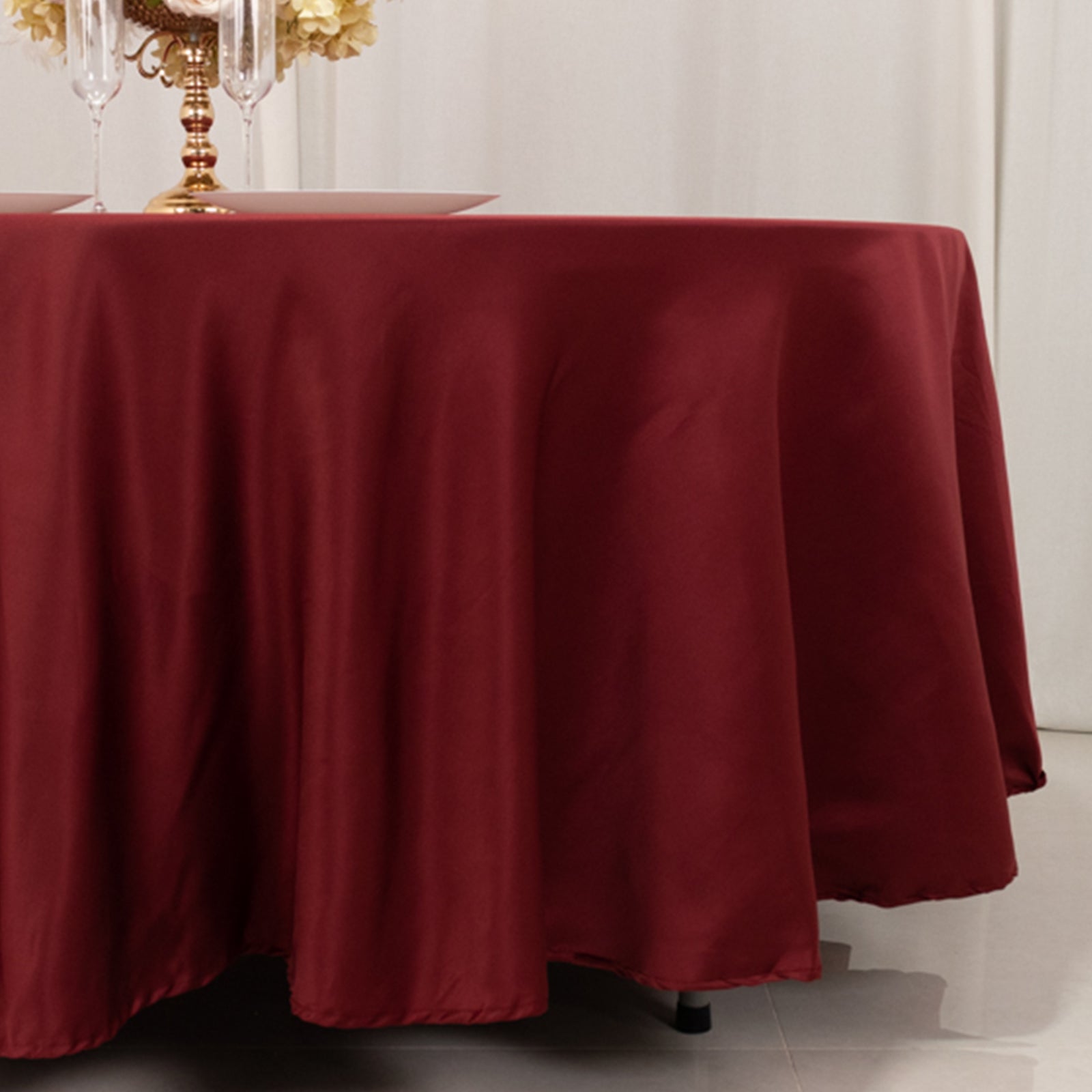Premium Lamour Satin Round Tablecloth in Burgundy - Durable & Silk-Like, 108" Dia.