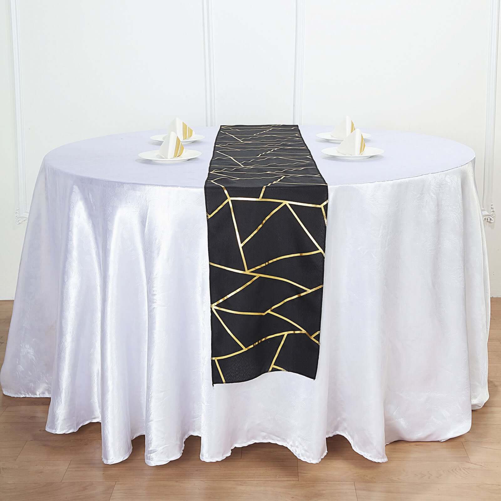 9ft Black Polyester Table Runner with Stunning Gold Foil Geometric Accent