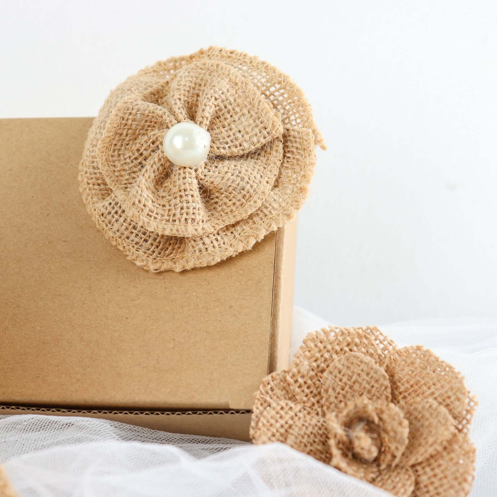 24 Pcs Natural Burlap Flower and Bow Set with Lace Ribbon, 8 Assorted Styles, 30 Sticker Dots Included