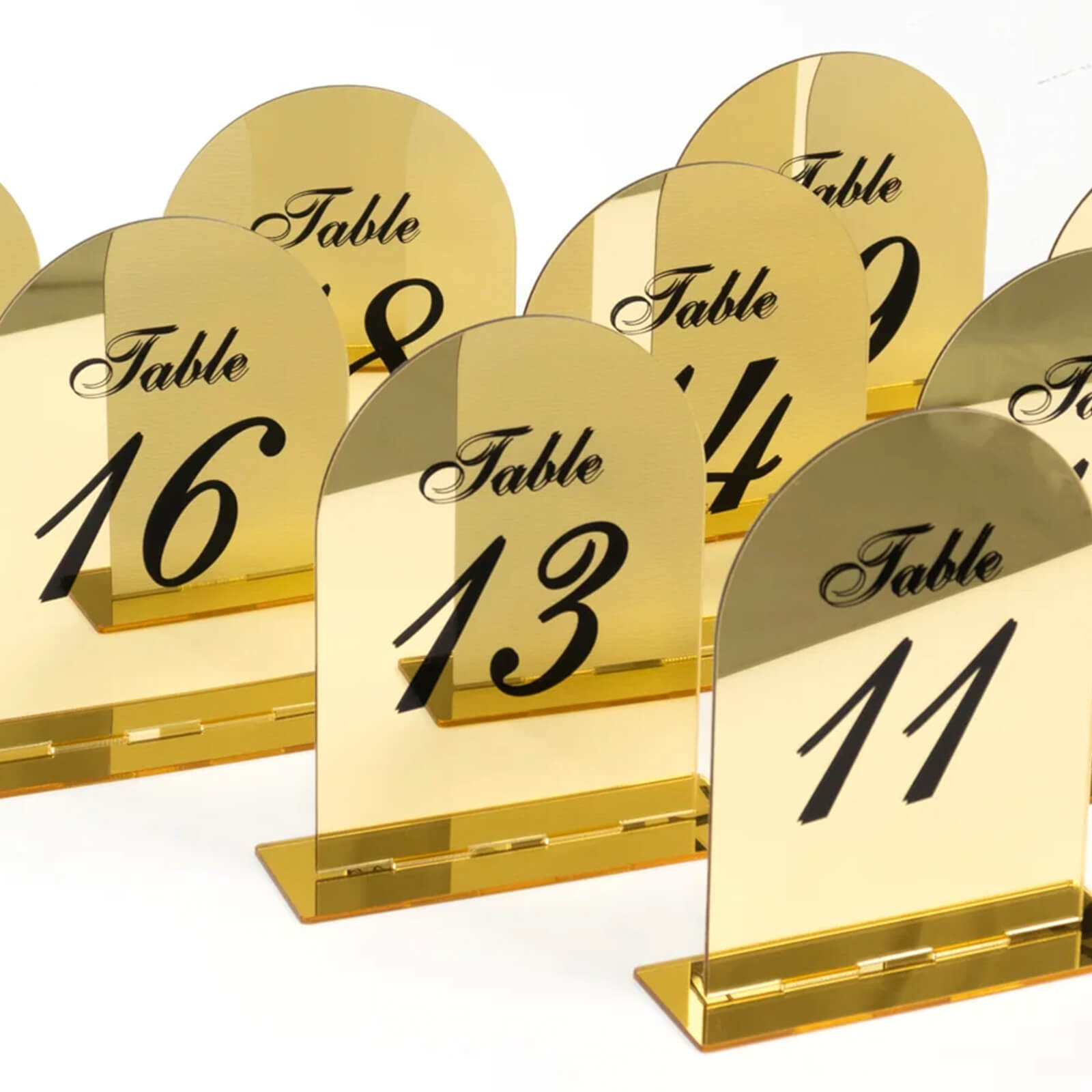 Gold Mirror Arch Acrylic Wedding Table Numbers (11 - 20) - 6x7 Signs with Black Print & Stands