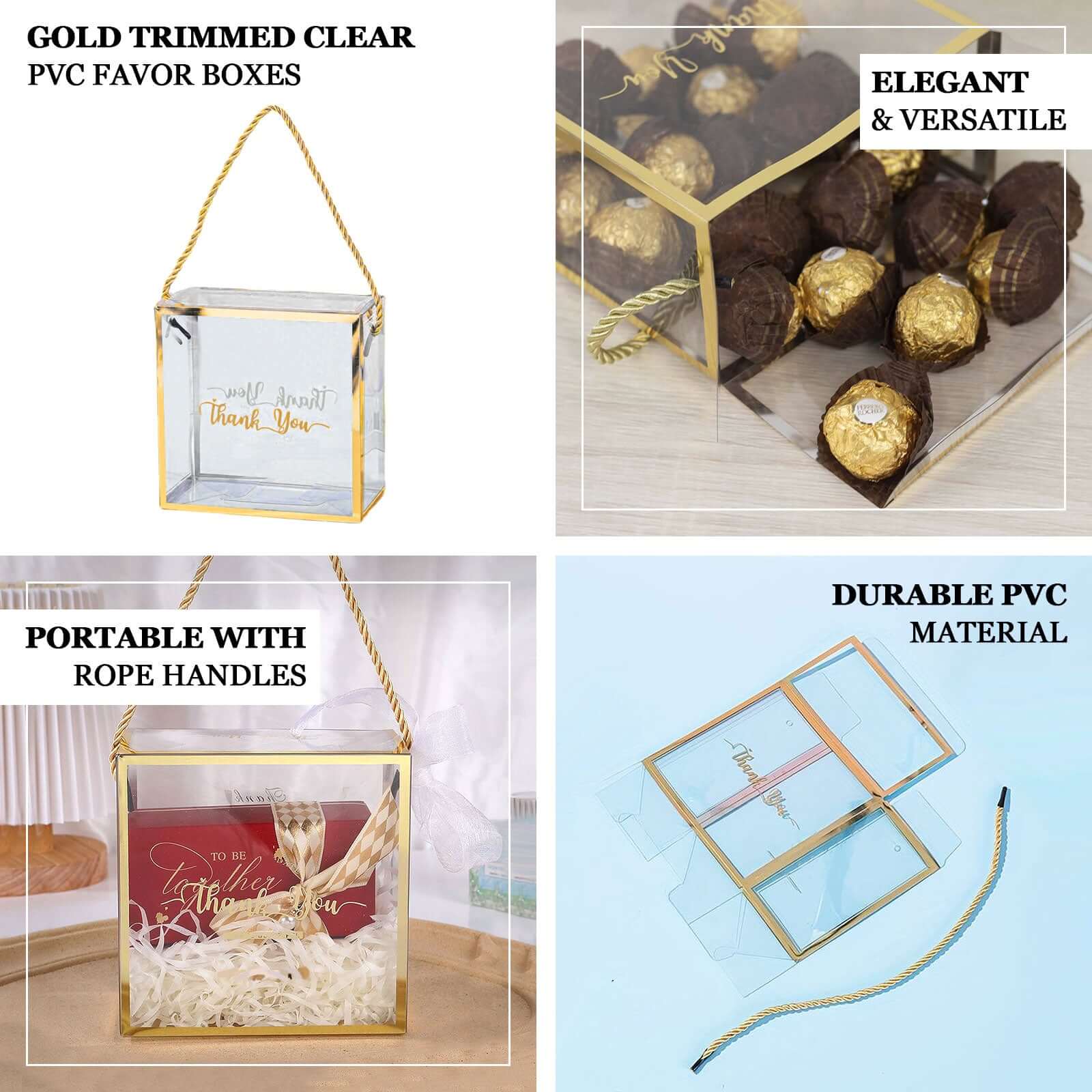 25-Pack Gold-Trimmed Clear PVC Portable Candy Favor Boxes with Rope Handles and 'Thank You' Print
