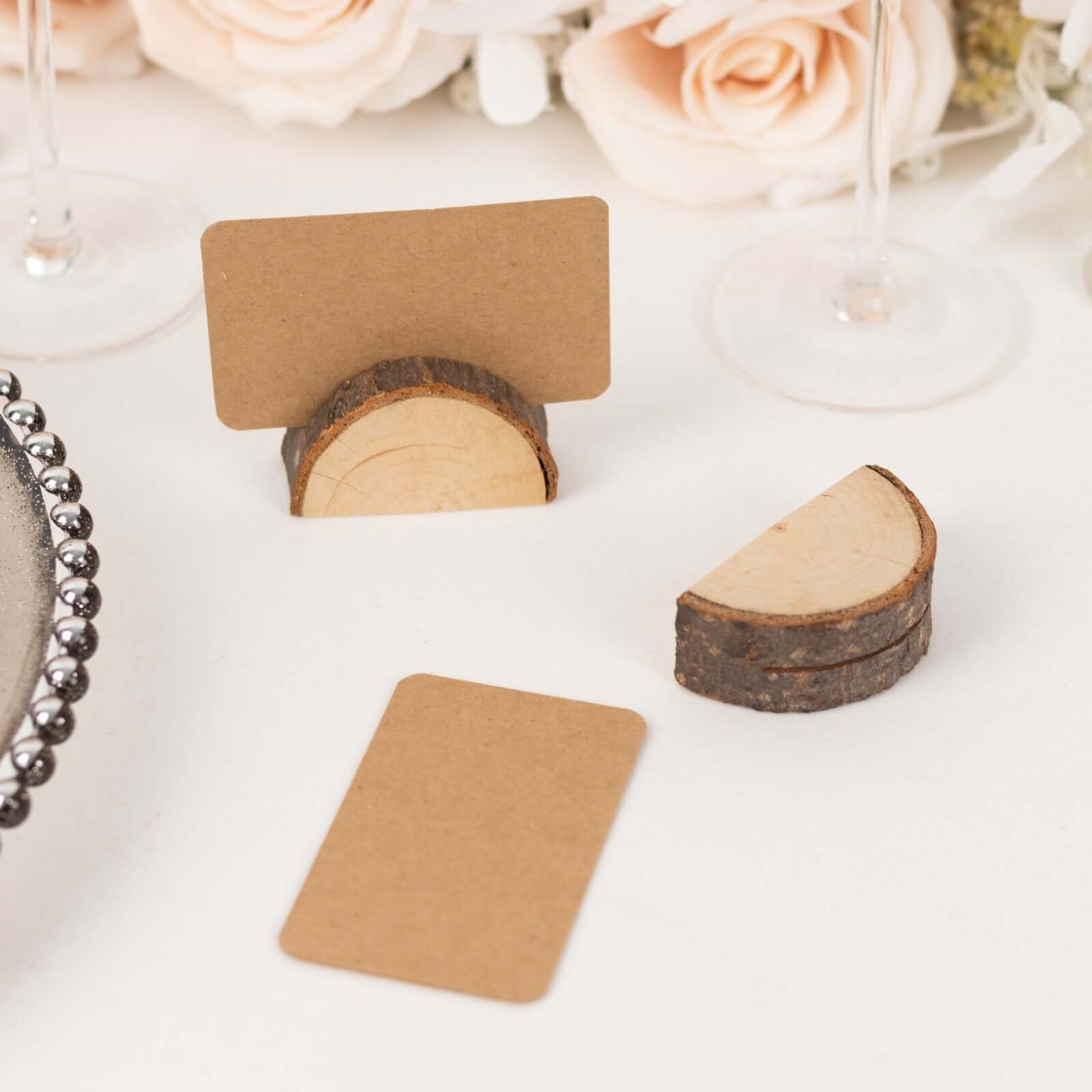 Set of 10 Natural Wood Place Card Holders with Brown Paper - Rustic Semicircle Design for Wedding Table Numbers