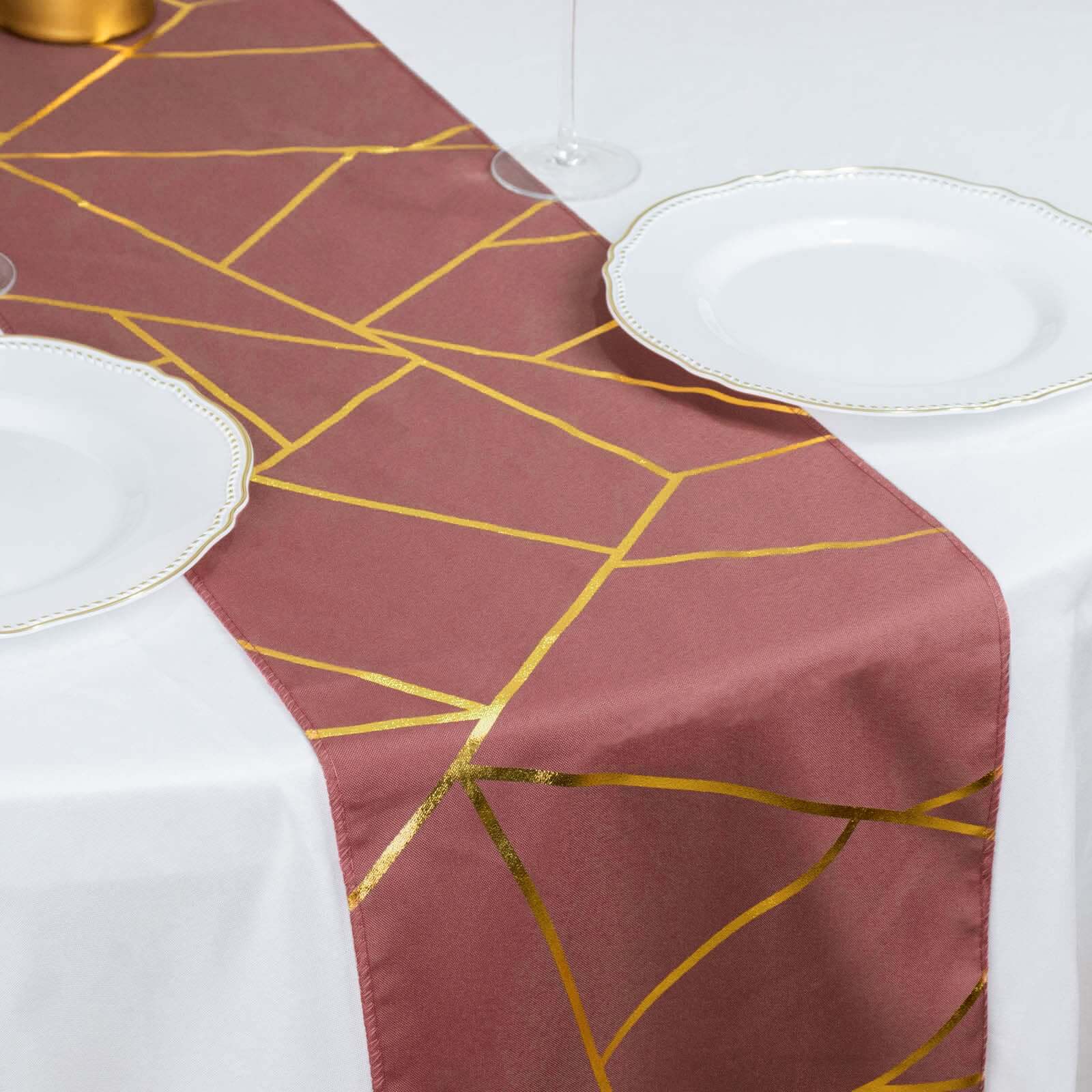 Hot Sale! 9ft Polyester Table Runner in Cinnamon Rose with Gold Foil Geometric Design