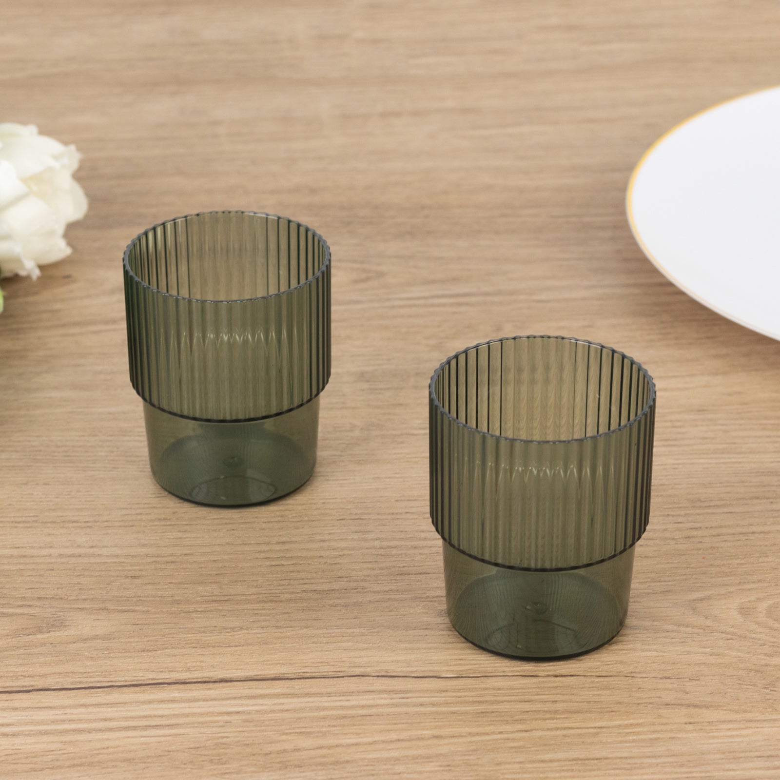 12-Pack Stackable 7oz Reusable Plastic Short Drinking Glasses in Hunter Emerald Green with Ribbed Pattern - Great Value!