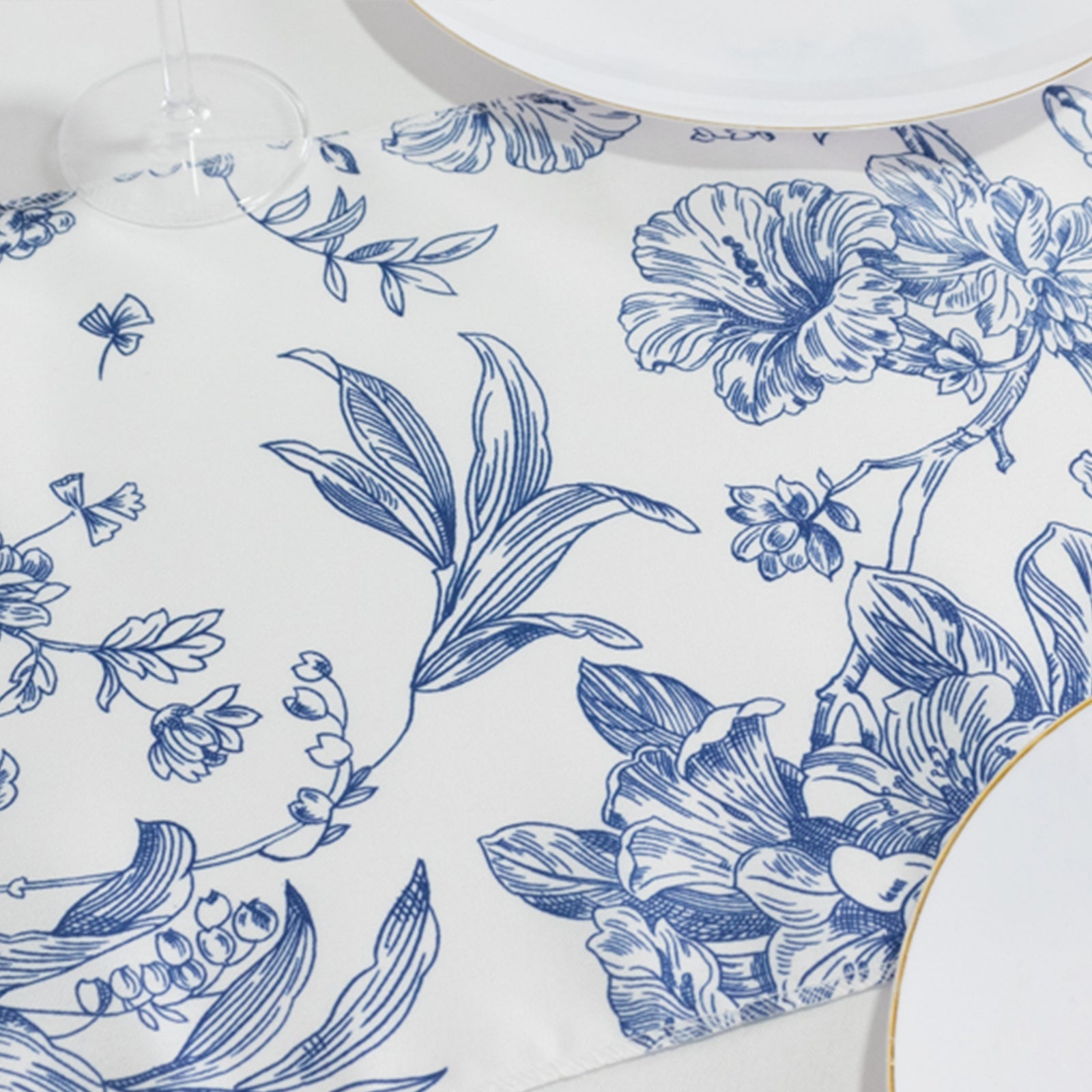 Stylish Reusable White & Blue French Toile Floral Print Polyester Table Runner 12x108 - Perfect for Decor