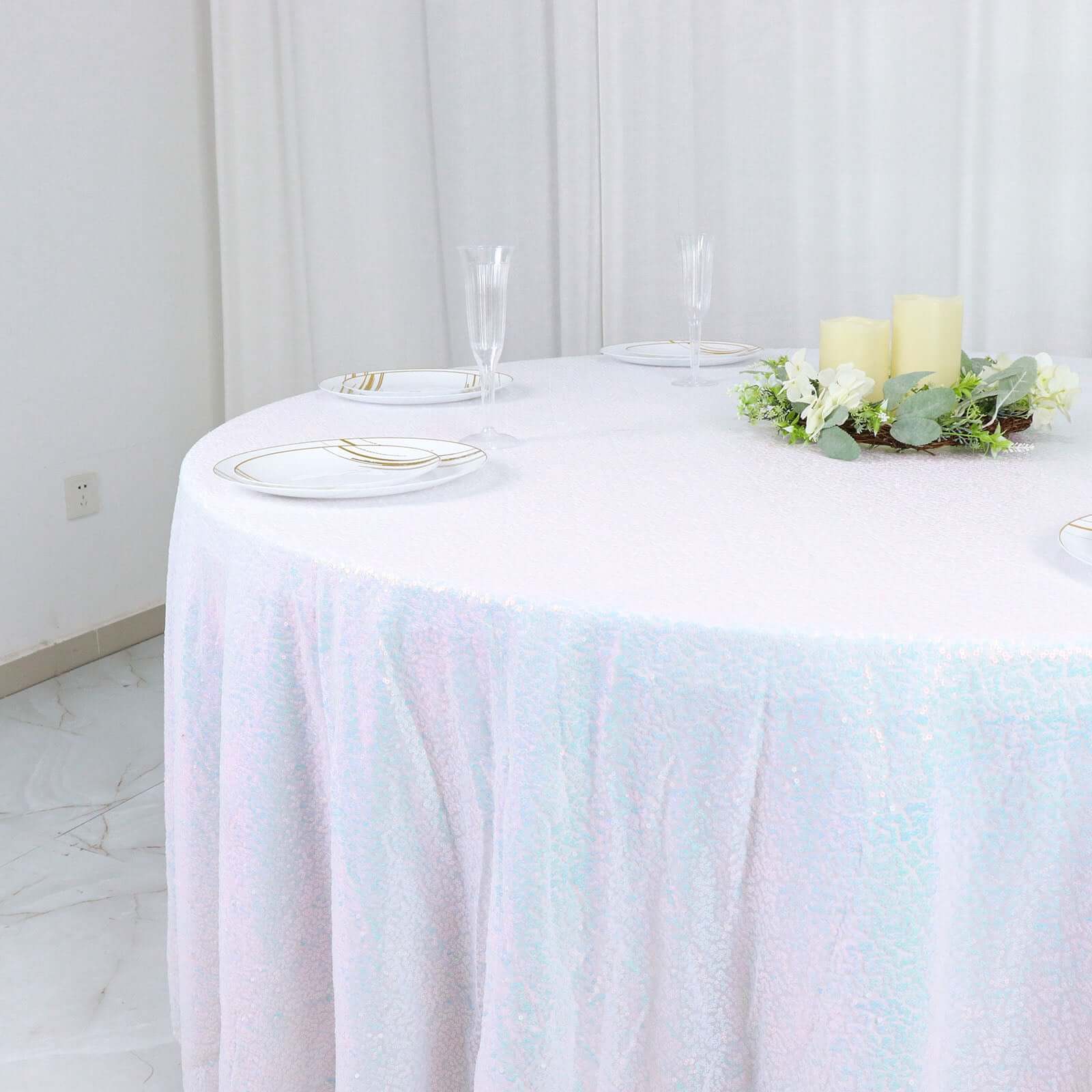 Hot! 120" Iridescent Blue Sequin Round Tablecloth - Seamless Glitter Cover
