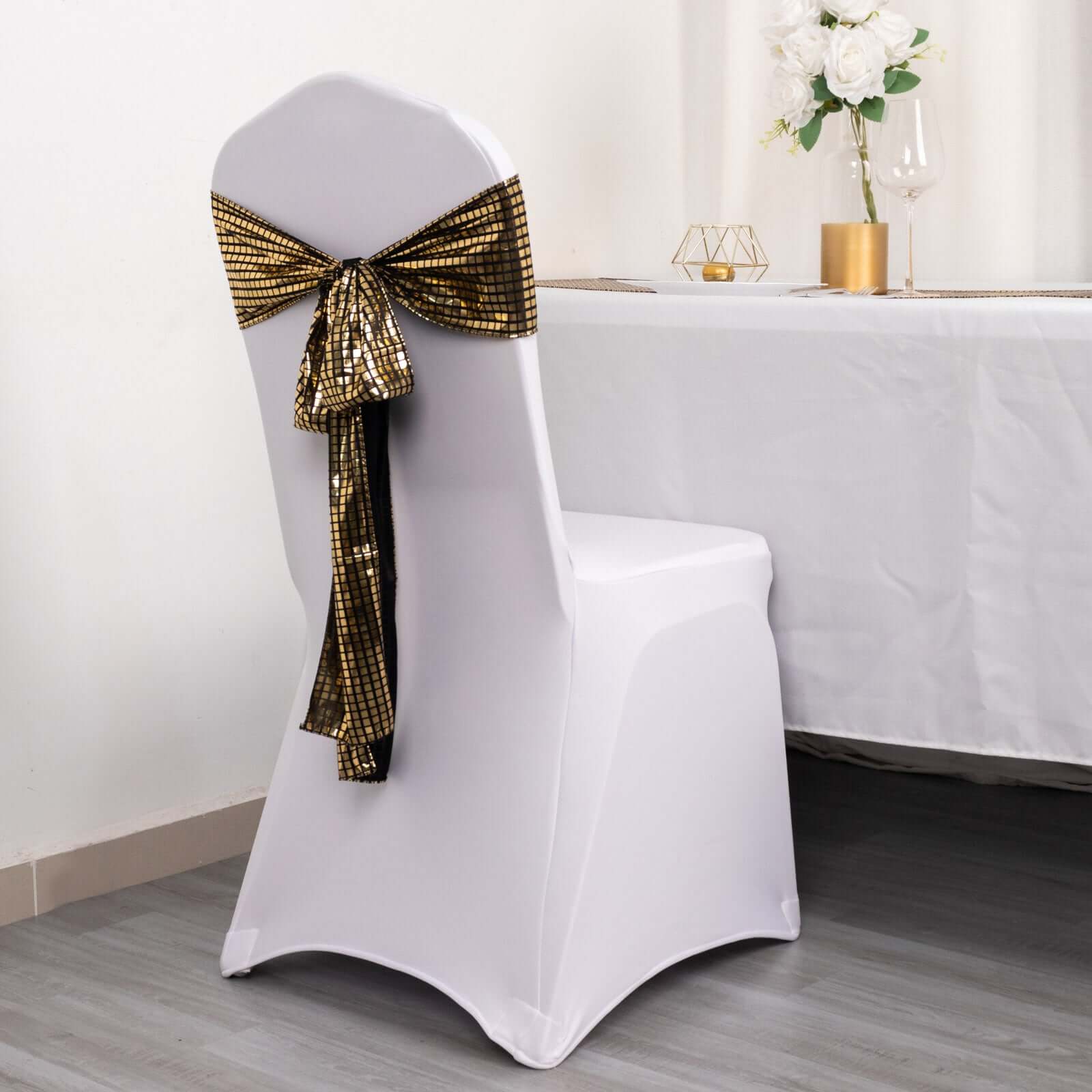 Hot Deal! 5-Pack Black/Gold Shiny Foil Polyester Chair Sashes for Disco Events