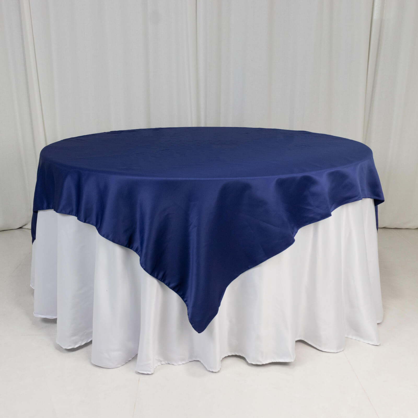 Navy Blue Lamour Satin Square Table Overlay 72x72 - High - Quality Smooth Table Topper