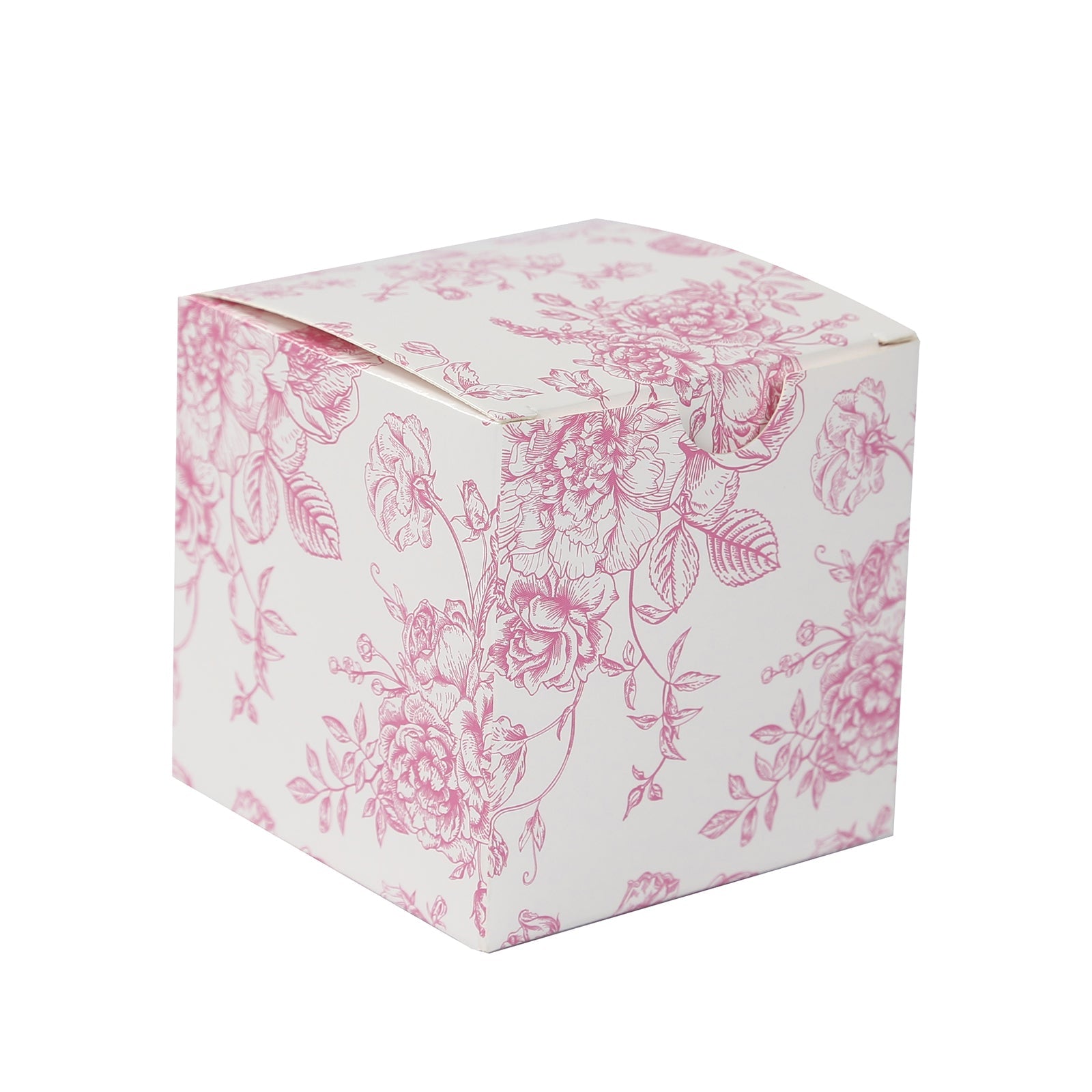 25-Pack French Toile Pattern Matte Pink and White Cardstock Candy Favor Boxes, 3x3 - Perfect for Parties