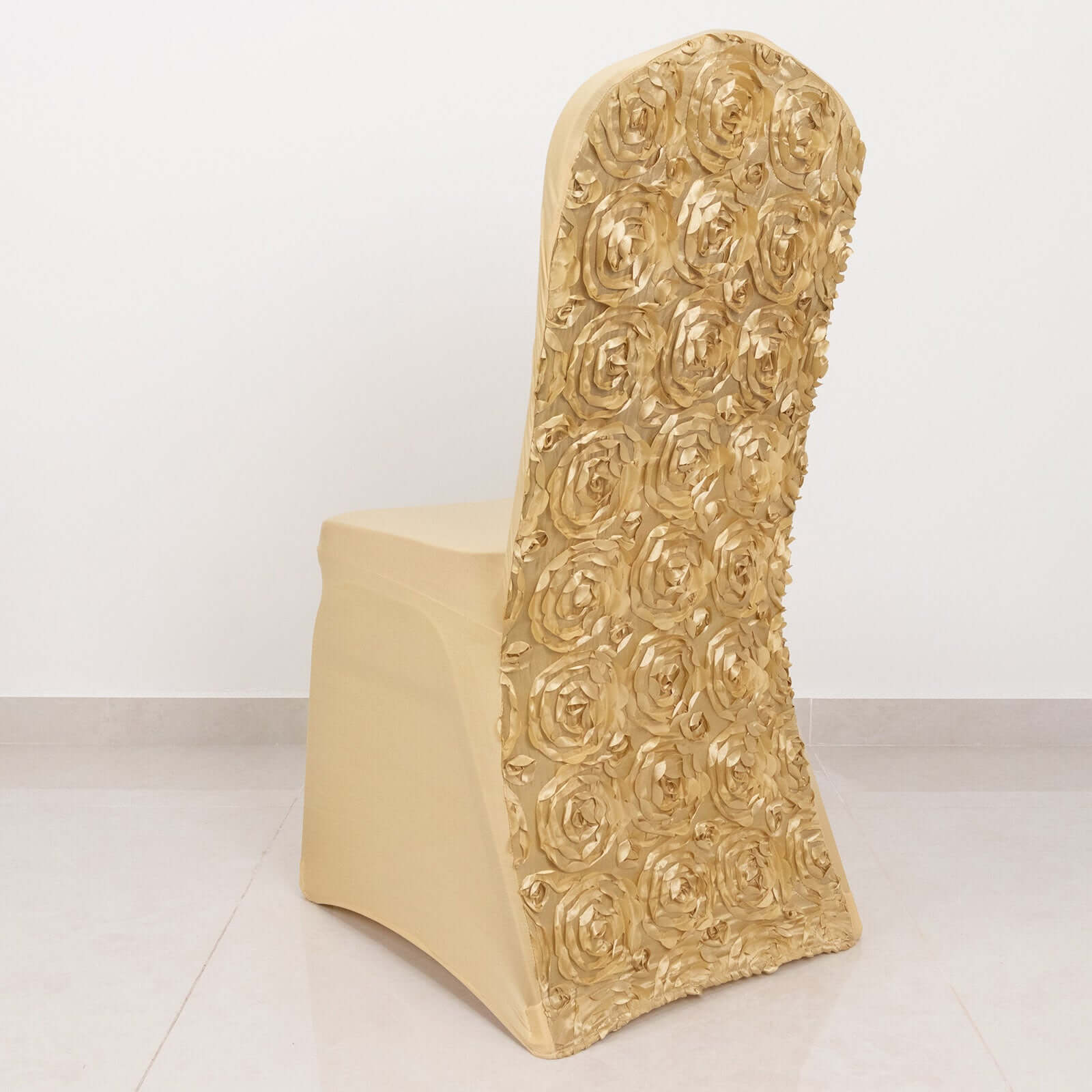Hot Sale! Stretch Fitted Champagne Satin Rosette Slip-On Chair Cover for Banquet Chairs