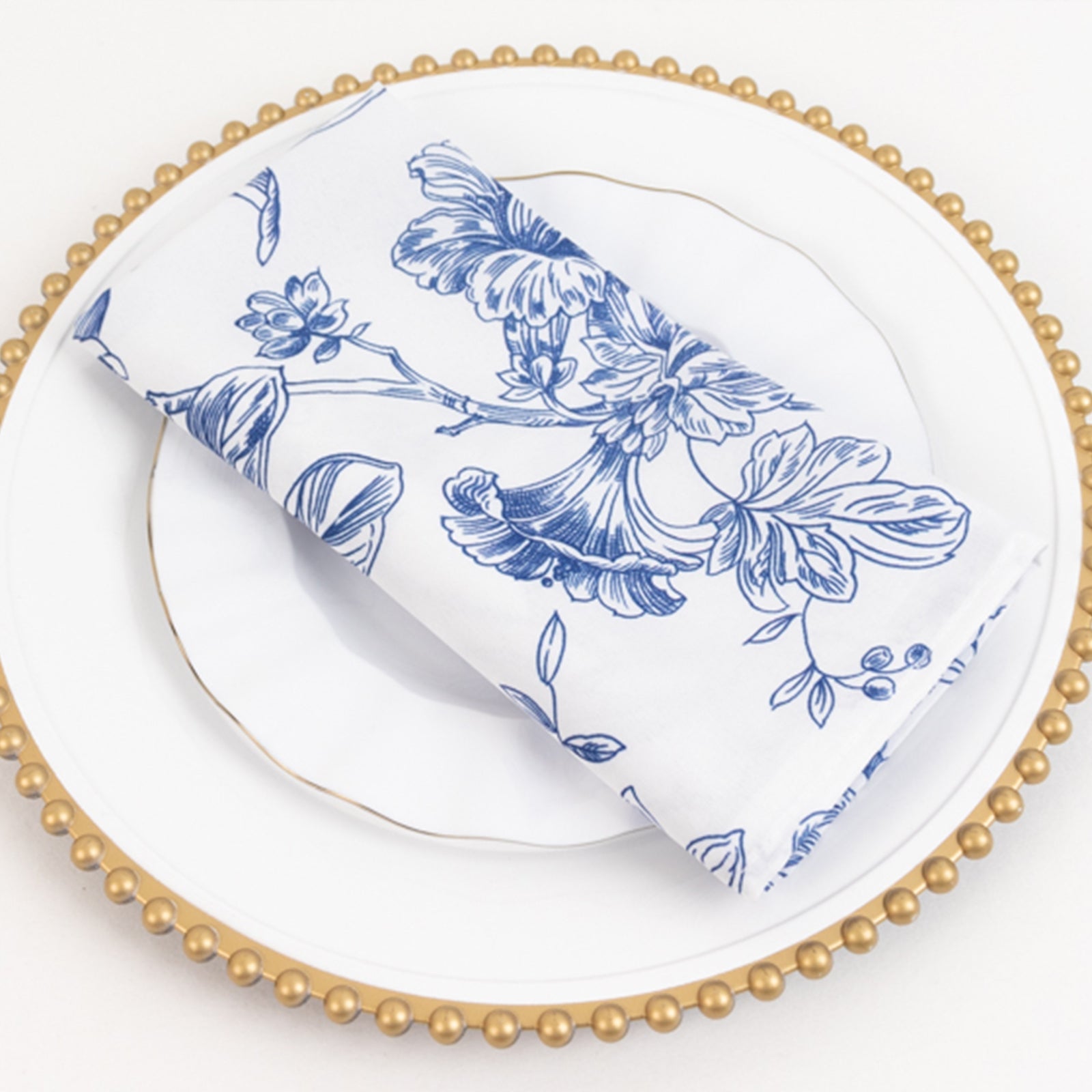 5-Pack Reusable 20x20 Polyester Dinner Napkins in White with Blue French Toile Floral Pattern