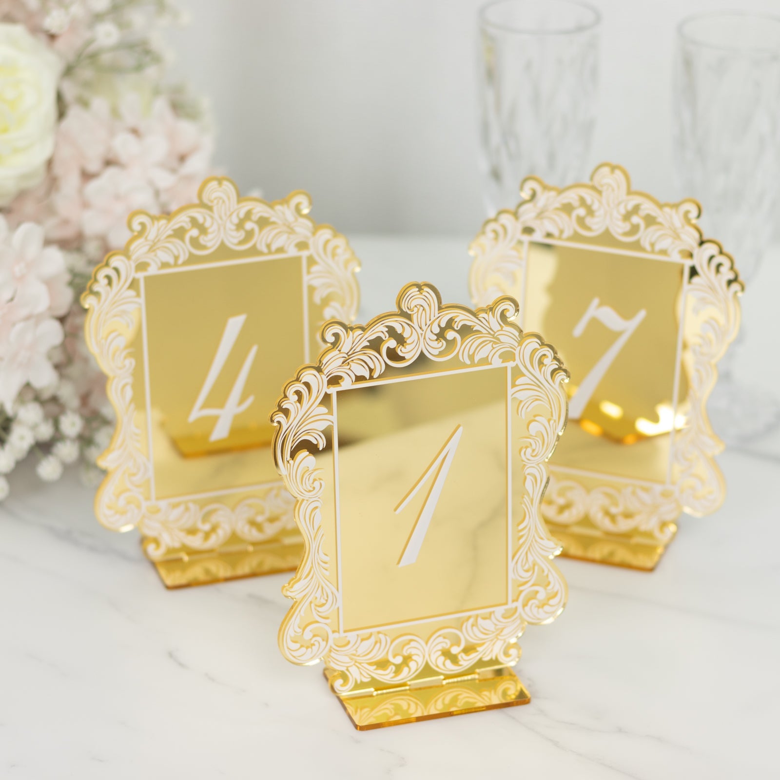 Hot Sale! 10-piece Gold & White Acrylic Wedding Table Numbers (1 - 10) with Baroque Lace Border & Stands